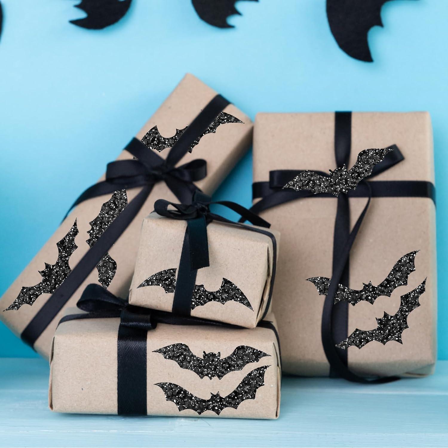 imageWhaline Halloween Bats Stickers Roll Laser Black Bats Shape Waterproof Decals 5 Designs Sparkly SelfAdhesive Stickers for Halloween Party Envelope Scrapbook Decor 500Pcs