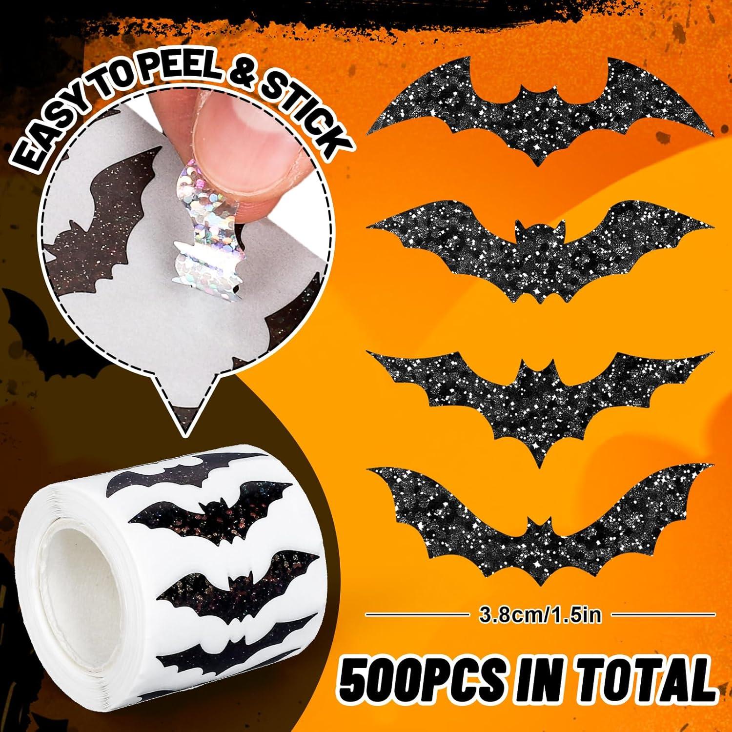 imageWhaline Halloween Bats Stickers Roll Laser Black Bats Shape Waterproof Decals 5 Designs Sparkly SelfAdhesive Stickers for Halloween Party Envelope Scrapbook Decor 500Pcs