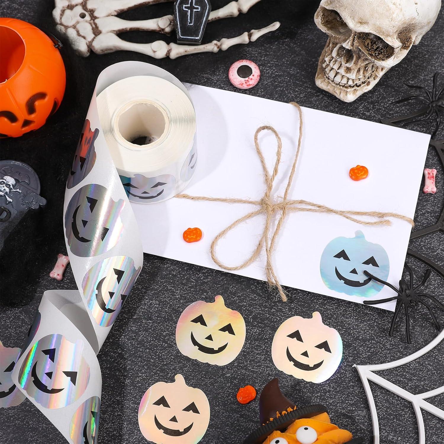 imageWhaline Halloween Ghost Stickers Roll Bulk Laser Cute Boo Ghost Holographic Waterproof SelfAdhesive Sticker Decals for Envelope Journal Decor Party Supplies 500PcsPumpkin