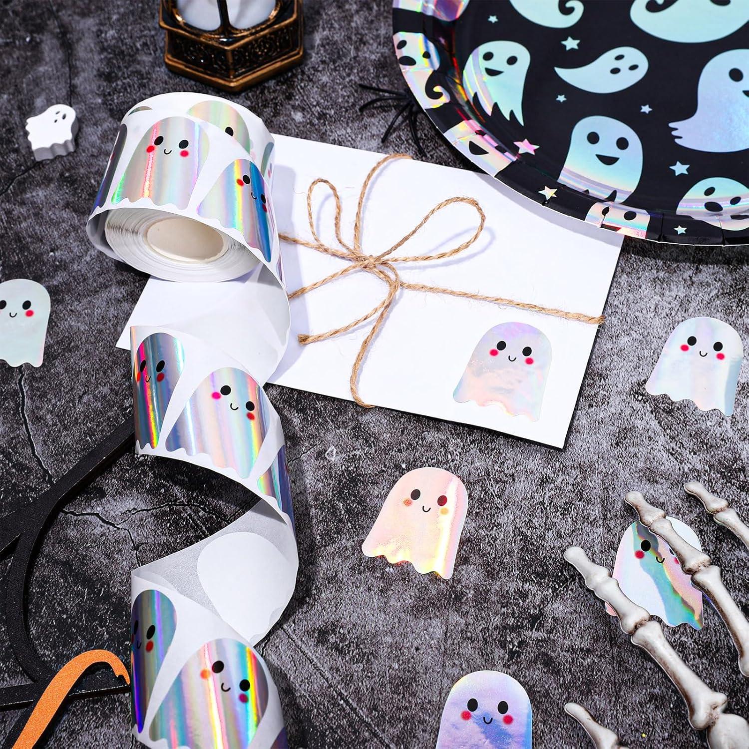imageWhaline Halloween Ghost Stickers Roll Bulk Laser Cute Boo Ghost Holographic Waterproof SelfAdhesive Sticker Decals for Envelope Journal Decor Party Supplies 500PcsGhost