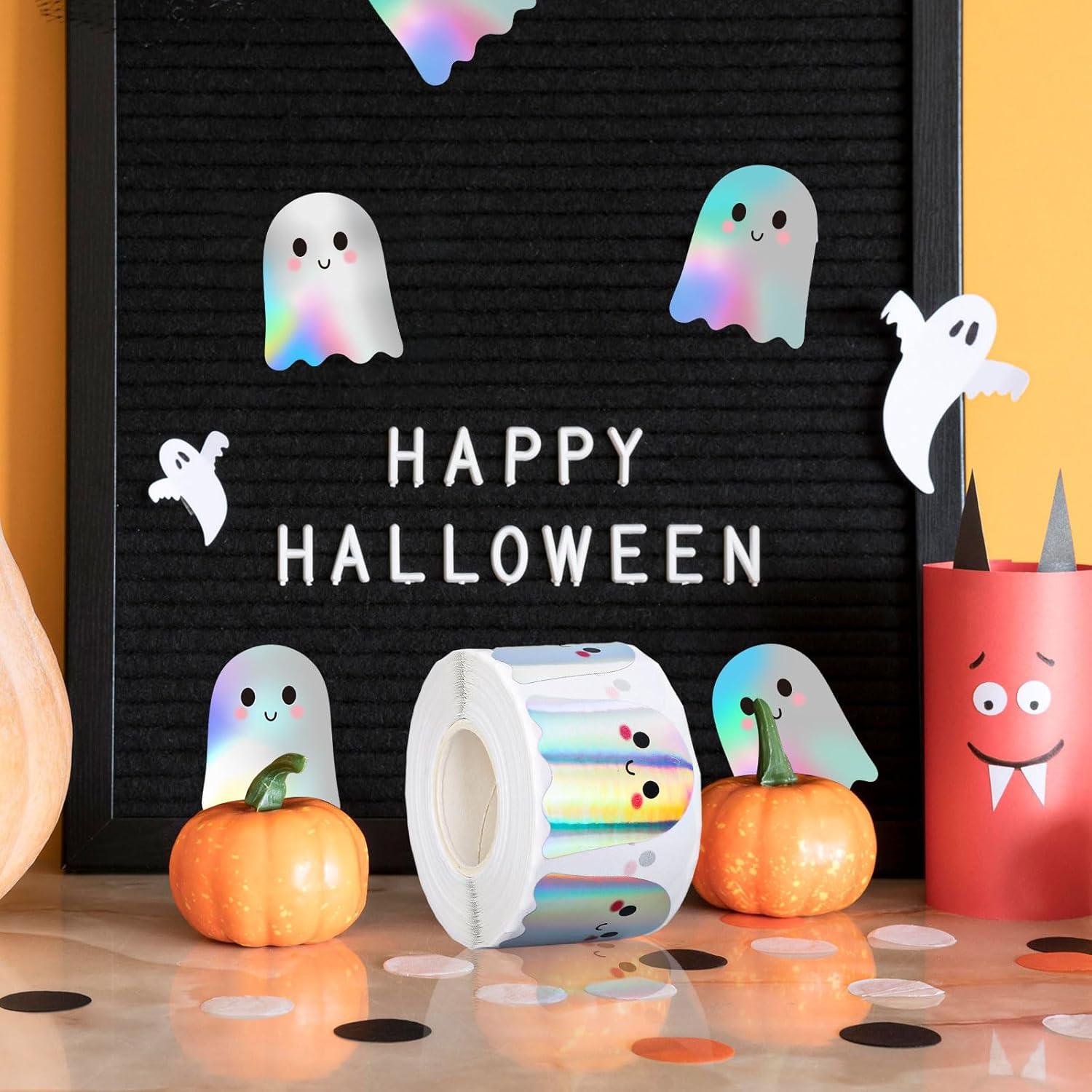 imageWhaline Halloween Ghost Stickers Roll Bulk Laser Cute Boo Ghost Holographic Waterproof SelfAdhesive Sticker Decals for Envelope Journal Decor Party Supplies 500PcsGhost
