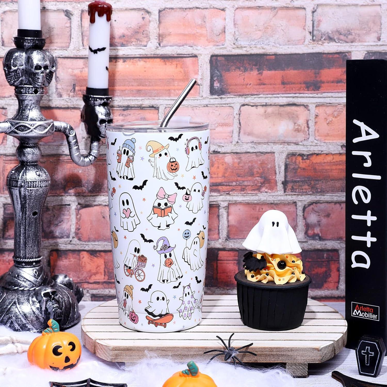 imageWhaline Halloween Ghost Tumbler Stainless Steel Travel Tumbler with Lid Straw and Brush Spooky Coffee Mug Cup for Women Travel Birthday Horror GiftCute Ghost