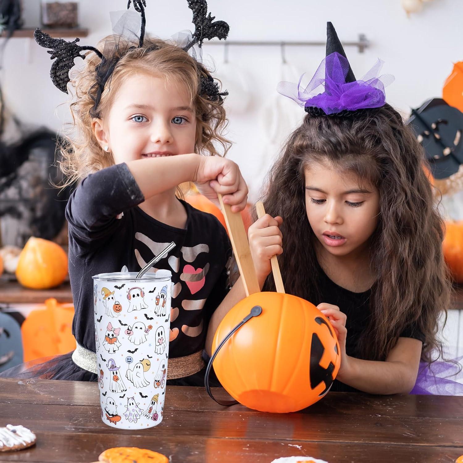 imageWhaline Halloween Ghost Tumbler Stainless Steel Travel Tumbler with Lid Straw and Brush Spooky Coffee Mug Cup for Women Travel Birthday Horror GiftCute Ghost