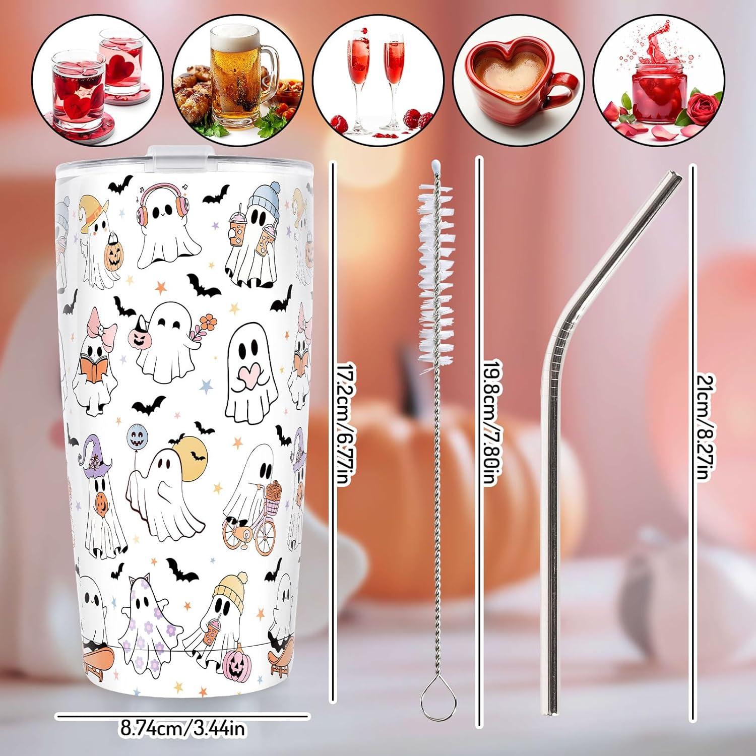 imageWhaline Halloween Ghost Tumbler Stainless Steel Travel Tumbler with Lid Straw and Brush Spooky Coffee Mug Cup for Women Travel Birthday Horror GiftCute Ghost