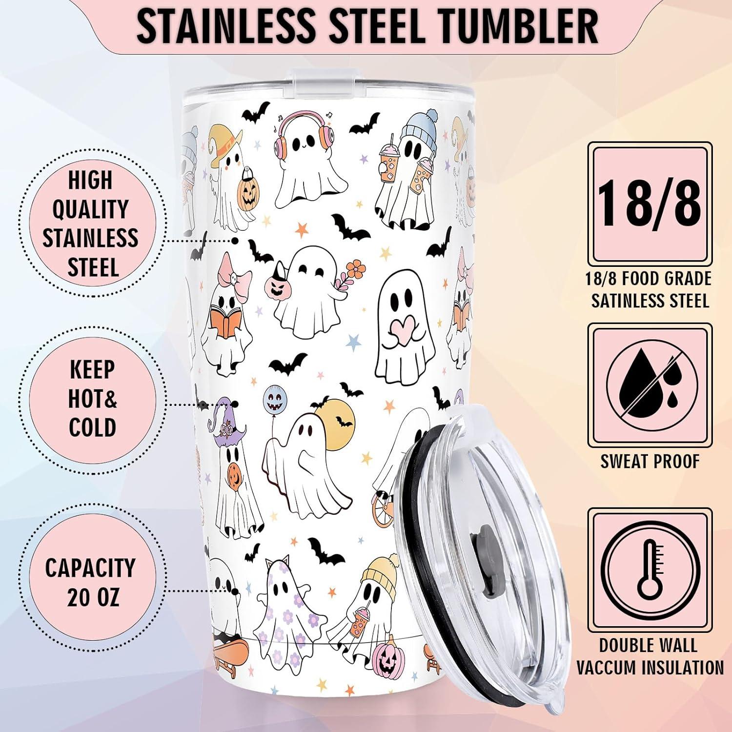imageWhaline Halloween Ghost Tumbler Stainless Steel Travel Tumbler with Lid Straw and Brush Spooky Coffee Mug Cup for Women Travel Birthday Horror GiftCute Ghost