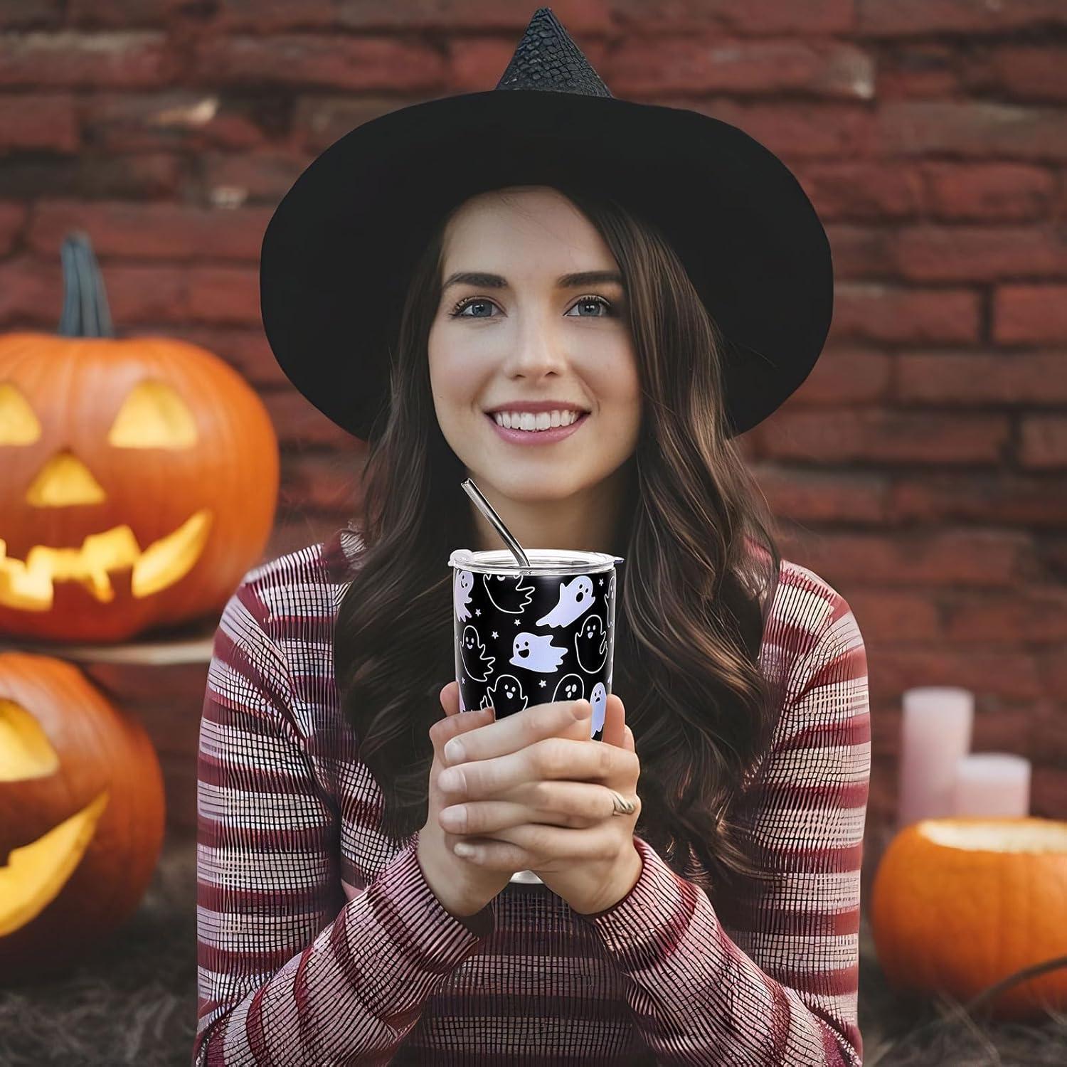 imageWhaline Halloween Ghost Tumbler Stainless Steel Travel Tumbler with Lid Straw and Brush Spooky Coffee Mug Cup for Women Travel Birthday Horror GiftGhost