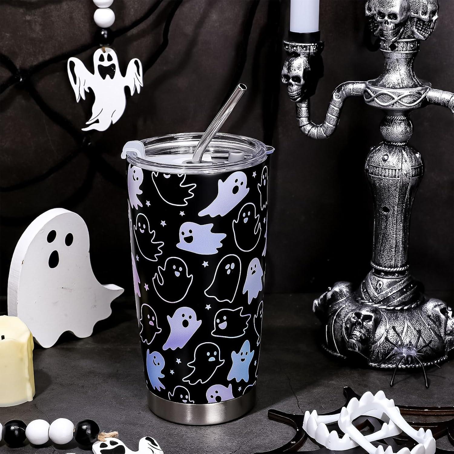 imageWhaline Halloween Ghost Tumbler Stainless Steel Travel Tumbler with Lid Straw and Brush Spooky Coffee Mug Cup for Women Travel Birthday Horror GiftGhost