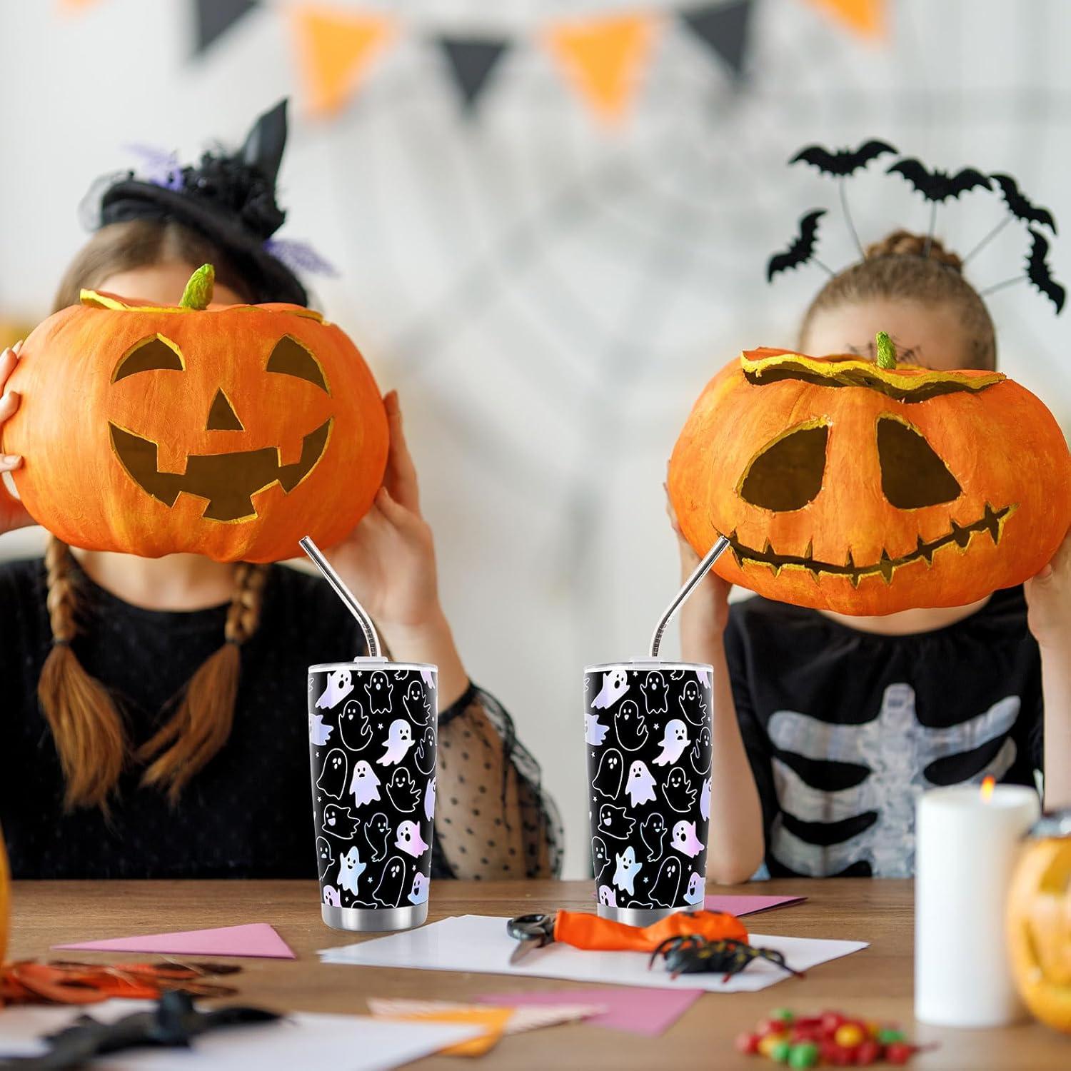 imageWhaline Halloween Ghost Tumbler Stainless Steel Travel Tumbler with Lid Straw and Brush Spooky Coffee Mug Cup for Women Travel Birthday Horror GiftGhost