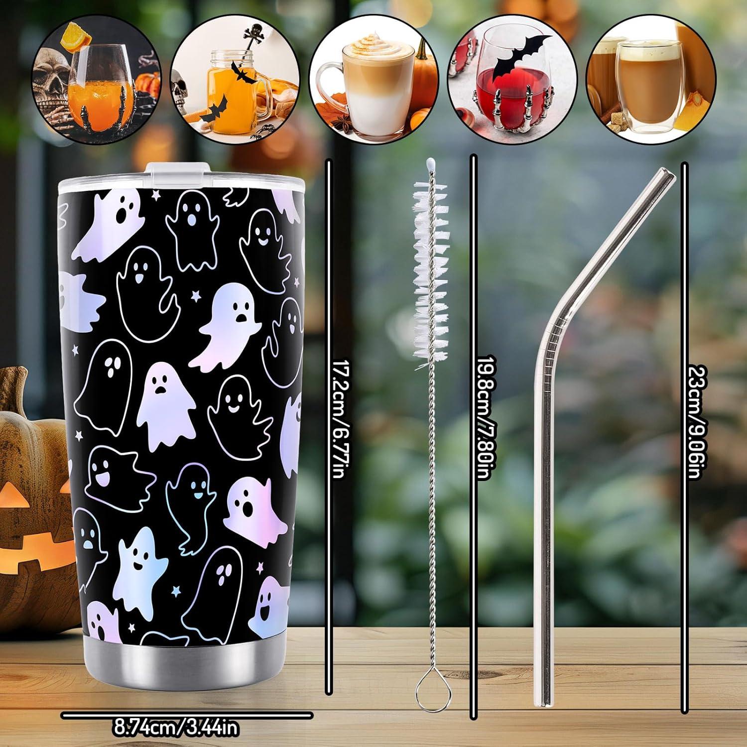 imageWhaline Halloween Ghost Tumbler Stainless Steel Travel Tumbler with Lid Straw and Brush Spooky Coffee Mug Cup for Women Travel Birthday Horror GiftGhost