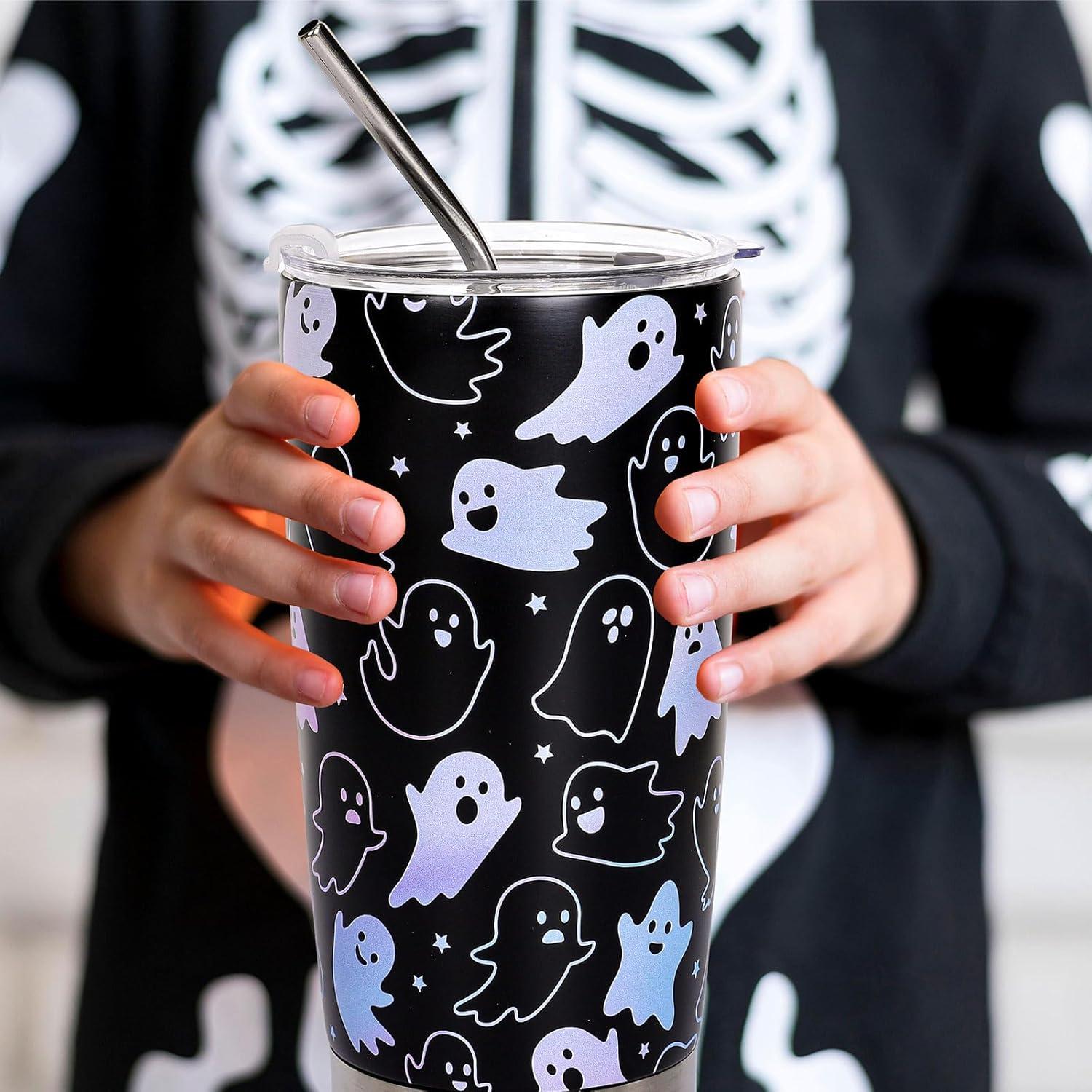 imageWhaline Halloween Ghost Tumbler Stainless Steel Travel Tumbler with Lid Straw and Brush Spooky Coffee Mug Cup for Women Travel Birthday Horror GiftGhost