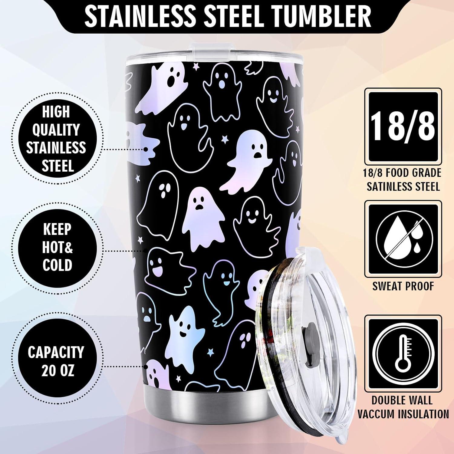 imageWhaline Halloween Ghost Tumbler Stainless Steel Travel Tumbler with Lid Straw and Brush Spooky Coffee Mug Cup for Women Travel Birthday Horror GiftGhost