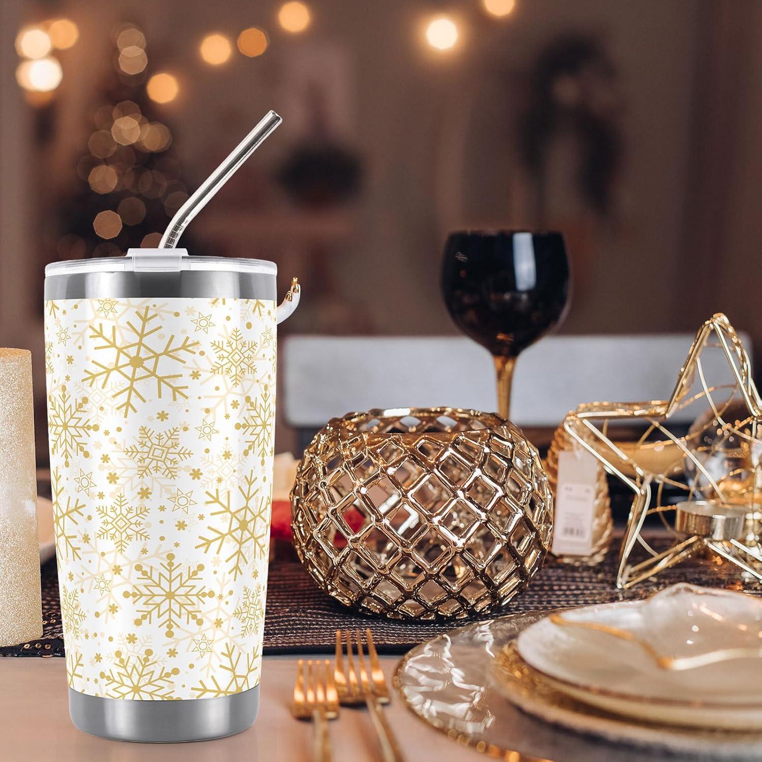 imageWhaline Halloween Ghost Tumbler Stainless Steel Travel Tumbler with Lid Straw and Brush Spooky Coffee Mug Cup for Women Travel Birthday Horror GiftGold Snowflake