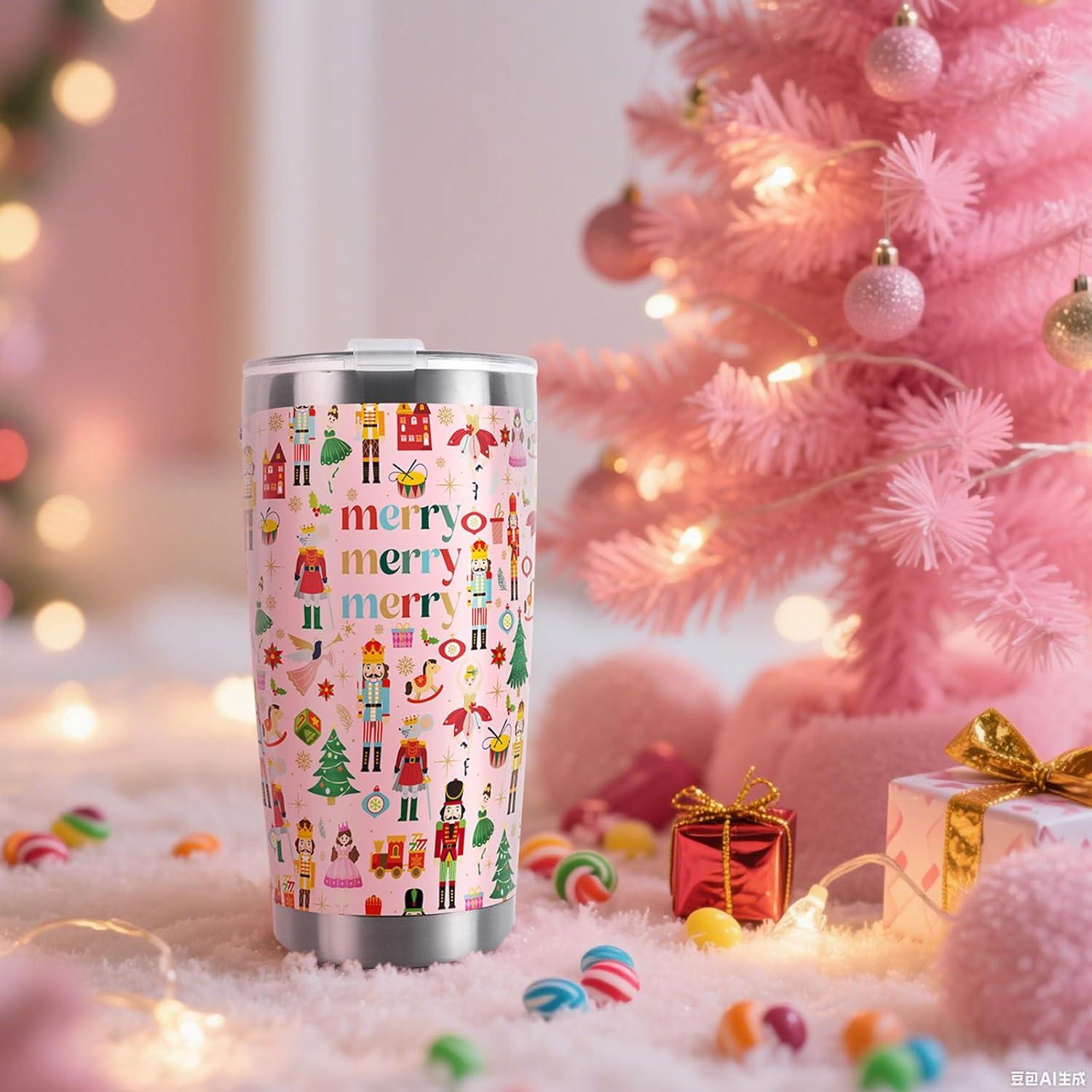 imageWhaline Halloween Ghost Tumbler Stainless Steel Travel Tumbler with Lid Straw and Brush Spooky Coffee Mug Cup for Women Travel Birthday Horror GiftPink Nutcracker