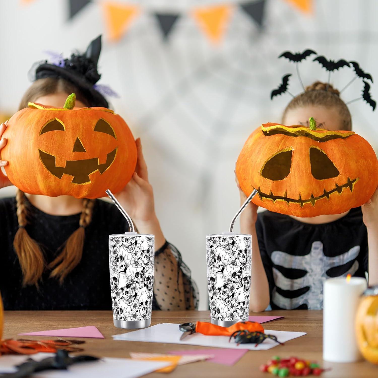 imageWhaline Halloween Ghost Tumbler Stainless Steel Travel Tumbler with Lid Straw and Brush Spooky Coffee Mug Cup for Women Travel Birthday Horror GiftSkull