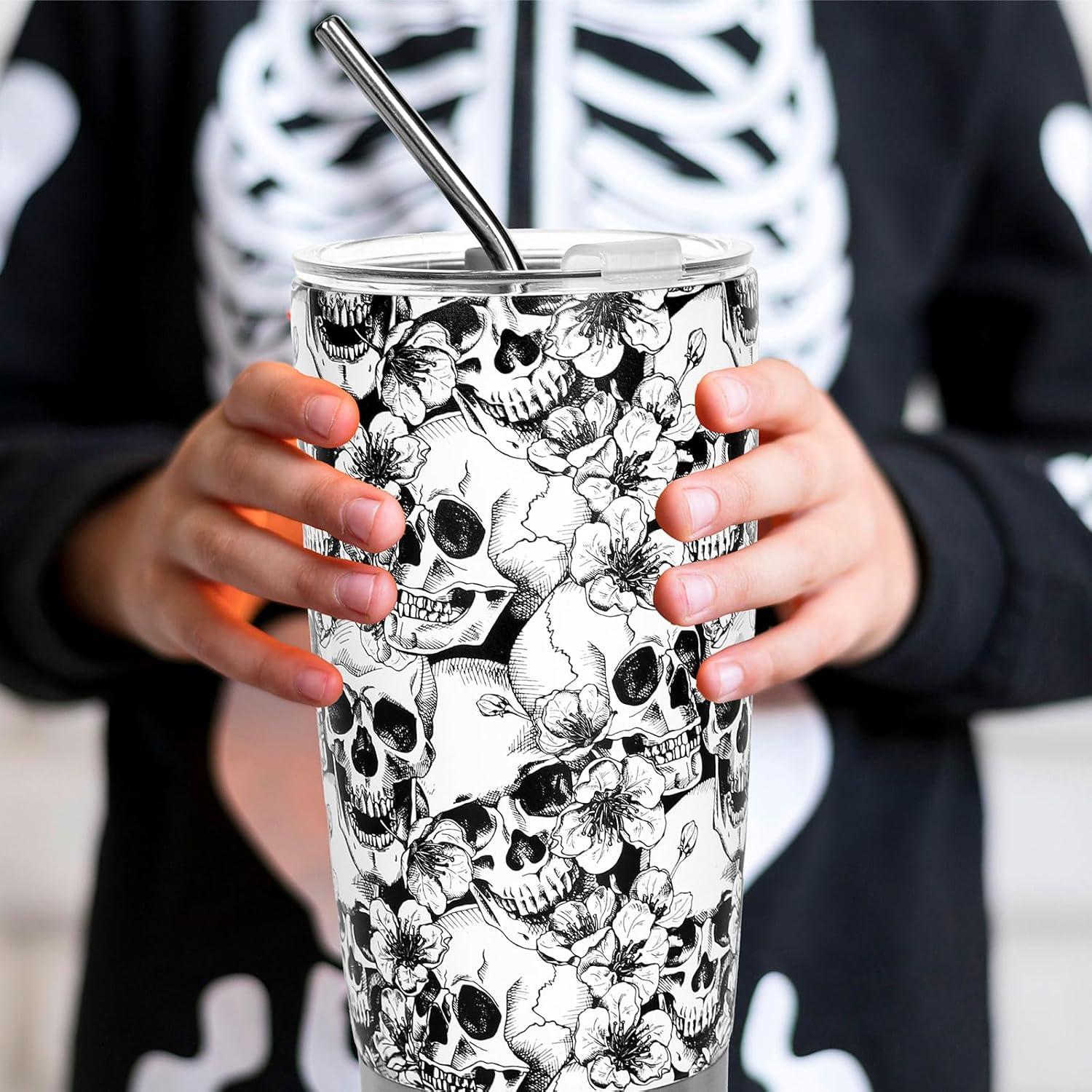 imageWhaline Halloween Ghost Tumbler Stainless Steel Travel Tumbler with Lid Straw and Brush Spooky Coffee Mug Cup for Women Travel Birthday Horror GiftSkull