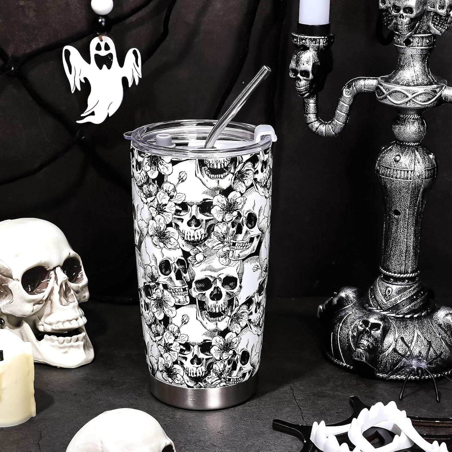 imageWhaline Halloween Ghost Tumbler Stainless Steel Travel Tumbler with Lid Straw and Brush Spooky Coffee Mug Cup for Women Travel Birthday Horror GiftSkull