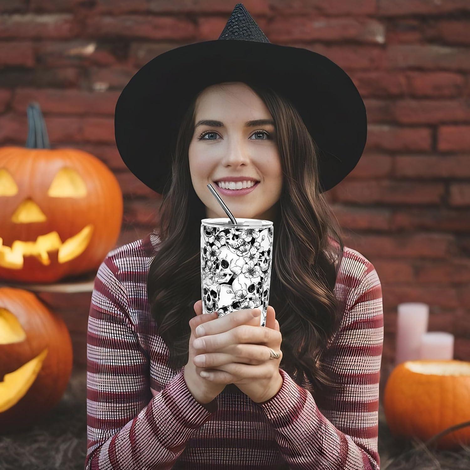 imageWhaline Halloween Ghost Tumbler Stainless Steel Travel Tumbler with Lid Straw and Brush Spooky Coffee Mug Cup for Women Travel Birthday Horror GiftSkull