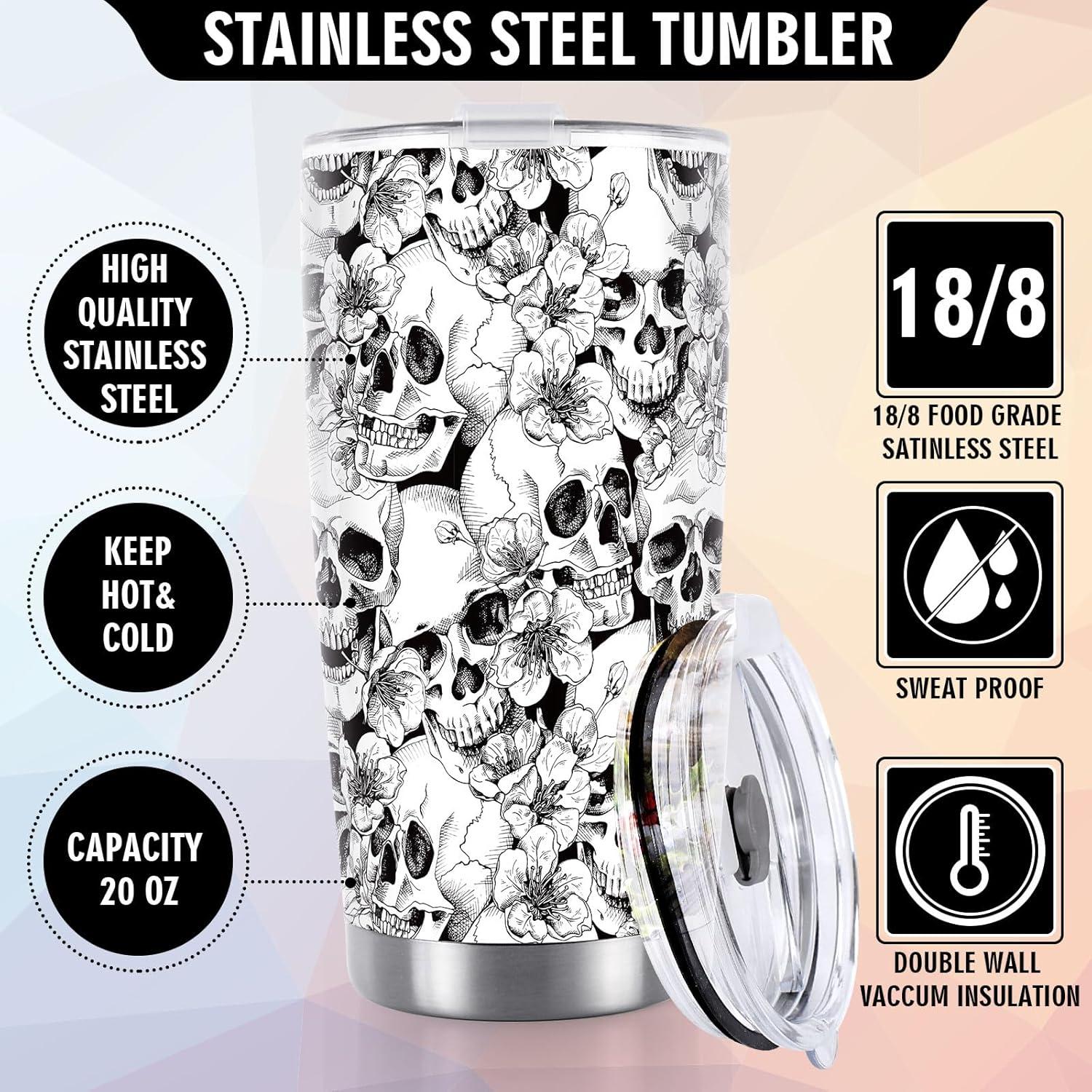 imageWhaline Halloween Ghost Tumbler Stainless Steel Travel Tumbler with Lid Straw and Brush Spooky Coffee Mug Cup for Women Travel Birthday Horror GiftSkull