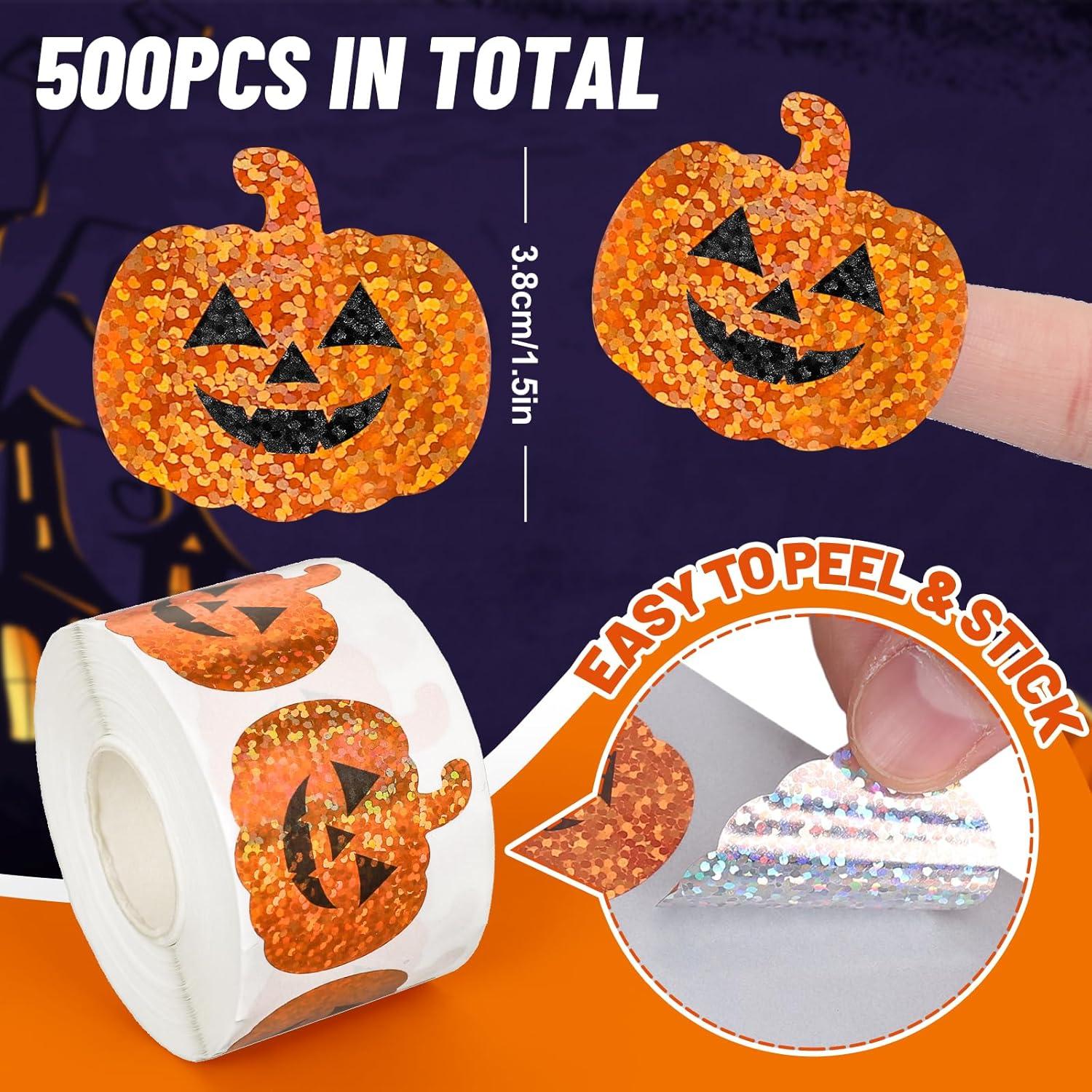 imageWhaline Halloween Pumpkin Stickers Roll Laser Pumpkin Shape Waterproof Decals Orange Sparkly SelfAdhesive Stickers for Halloween Trick or Treat Party Envelope Scrapbook Decor 500PcsHalloween Pumpkin