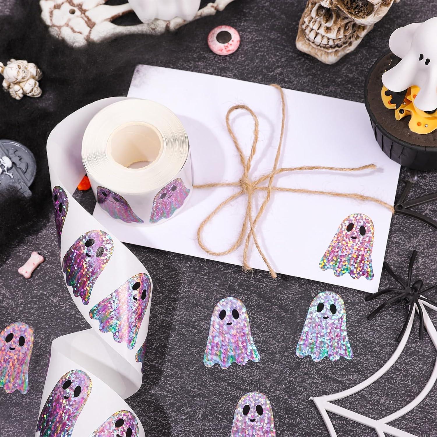 imageWhaline Halloween Pumpkin Stickers Roll Laser Pumpkin Shape Waterproof Decals Orange Sparkly SelfAdhesive Stickers for Halloween Trick or Treat Party Envelope Scrapbook Decor 500PcsPink Ghost