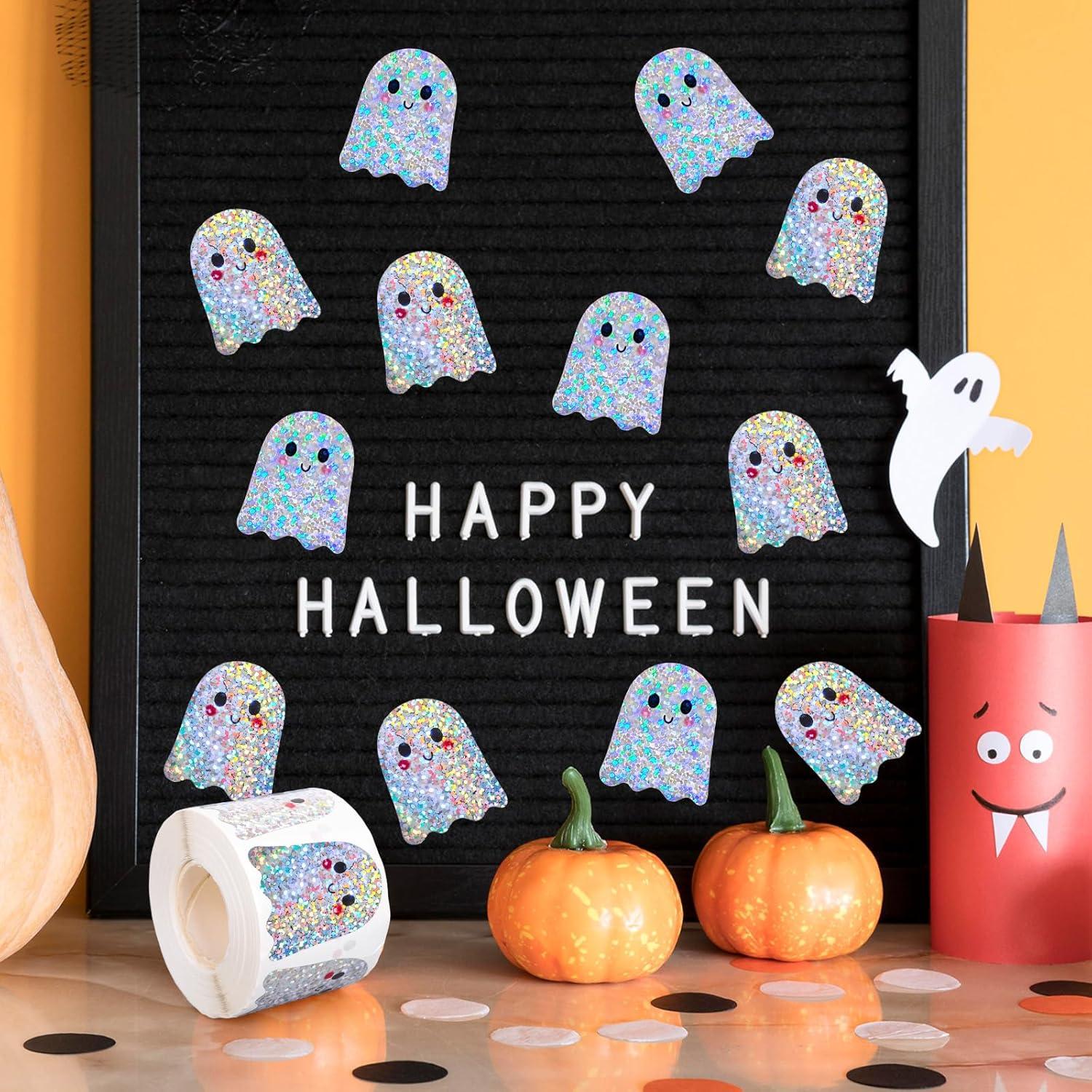 imageWhaline Halloween Pumpkin Stickers Roll Laser Pumpkin Shape Waterproof Decals Orange Sparkly SelfAdhesive Stickers for Halloween Trick or Treat Party Envelope Scrapbook Decor 500PcsGhost