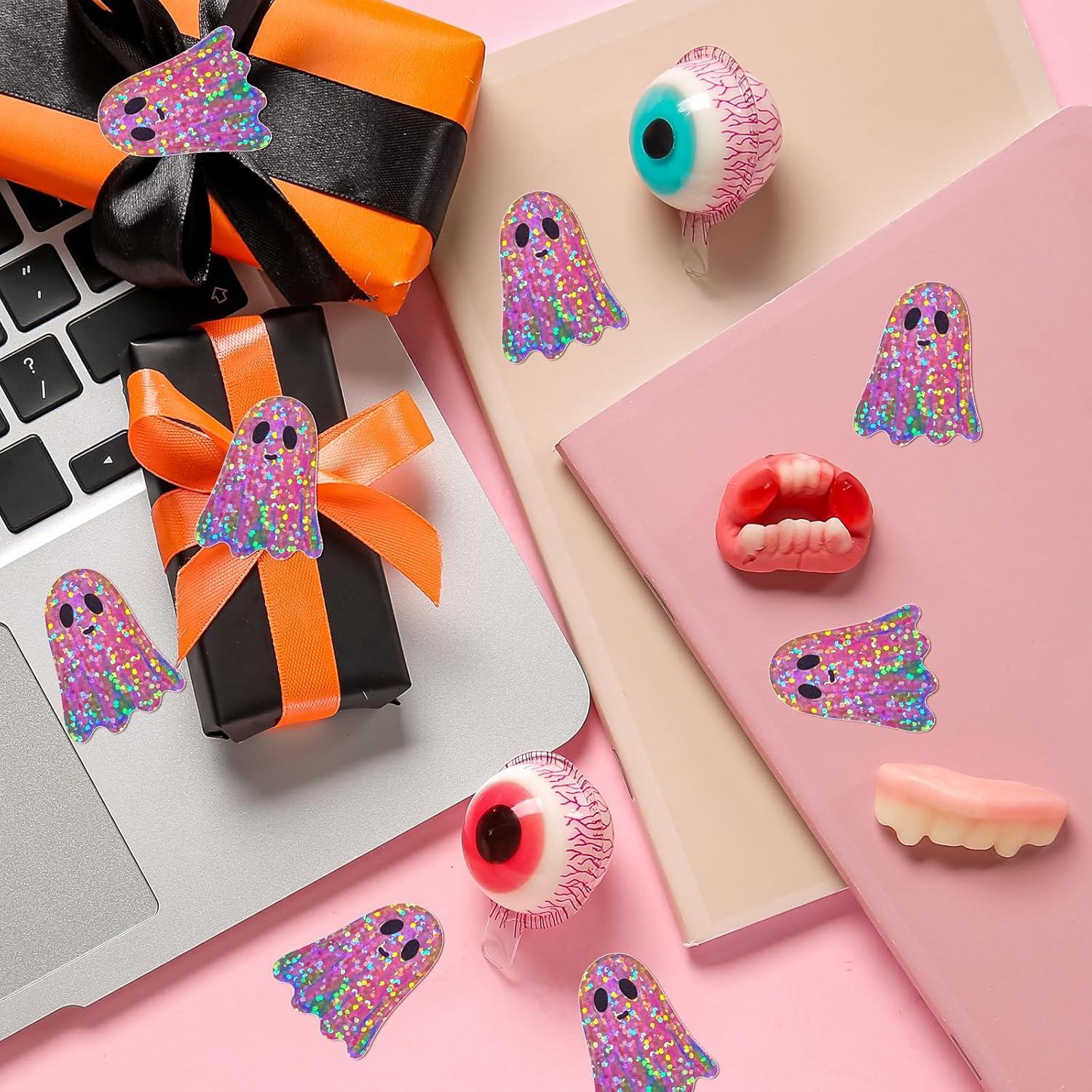 imageWhaline Halloween Pumpkin Stickers Roll Laser Pumpkin Shape Waterproof Decals Orange Sparkly SelfAdhesive Stickers for Halloween Trick or Treat Party Envelope Scrapbook Decor 500PcsPink Ghost