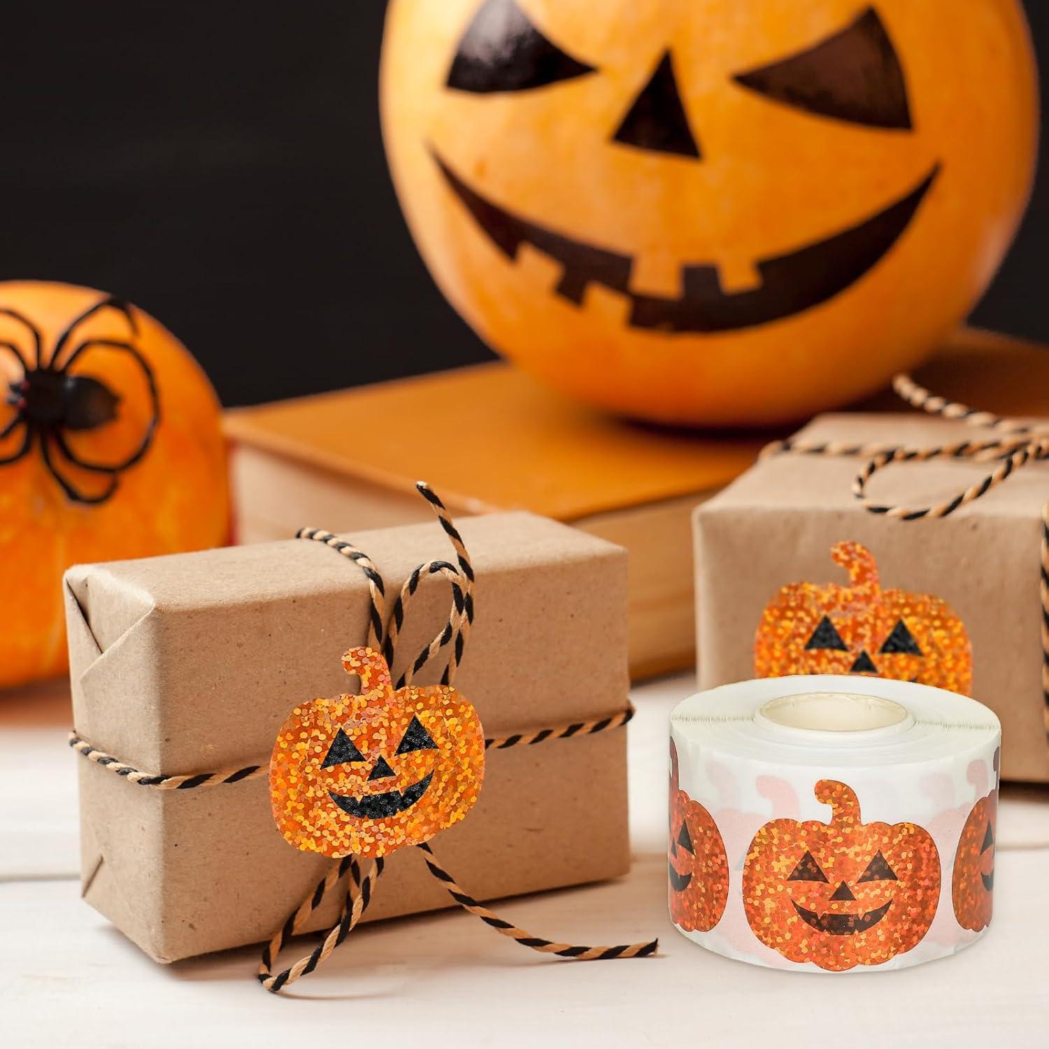 imageWhaline Halloween Pumpkin Stickers Roll Laser Pumpkin Shape Waterproof Decals Orange Sparkly SelfAdhesive Stickers for Halloween Trick or Treat Party Envelope Scrapbook Decor 500PcsHalloween Pumpkin