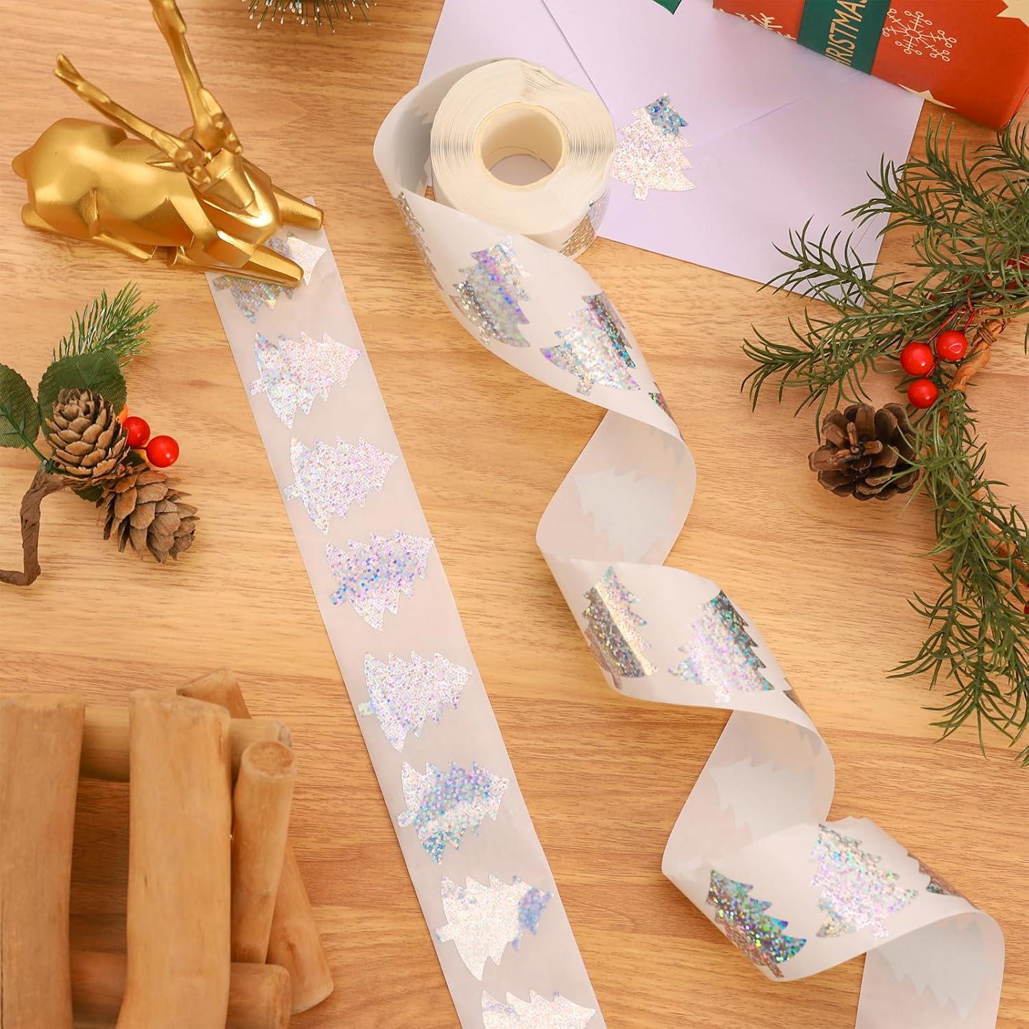 imageWhaline Halloween Pumpkin Stickers Roll Laser Pumpkin Shape Waterproof Decals Orange Sparkly SelfAdhesive Stickers for Halloween Trick or Treat Party Envelope Scrapbook Decor 500PcsSilver Christmas Tree