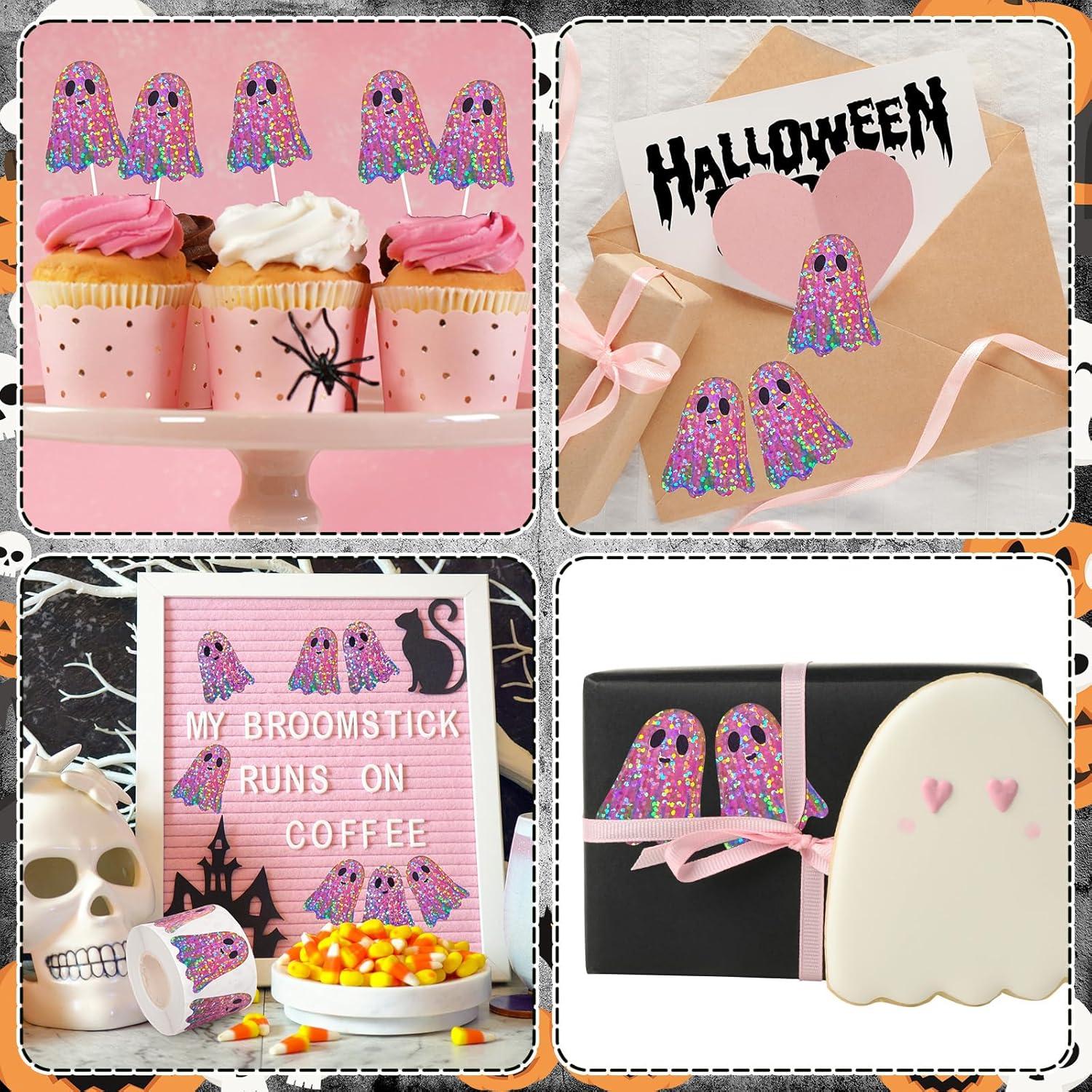 imageWhaline Halloween Pumpkin Stickers Roll Laser Pumpkin Shape Waterproof Decals Orange Sparkly SelfAdhesive Stickers for Halloween Trick or Treat Party Envelope Scrapbook Decor 500PcsPink Ghost