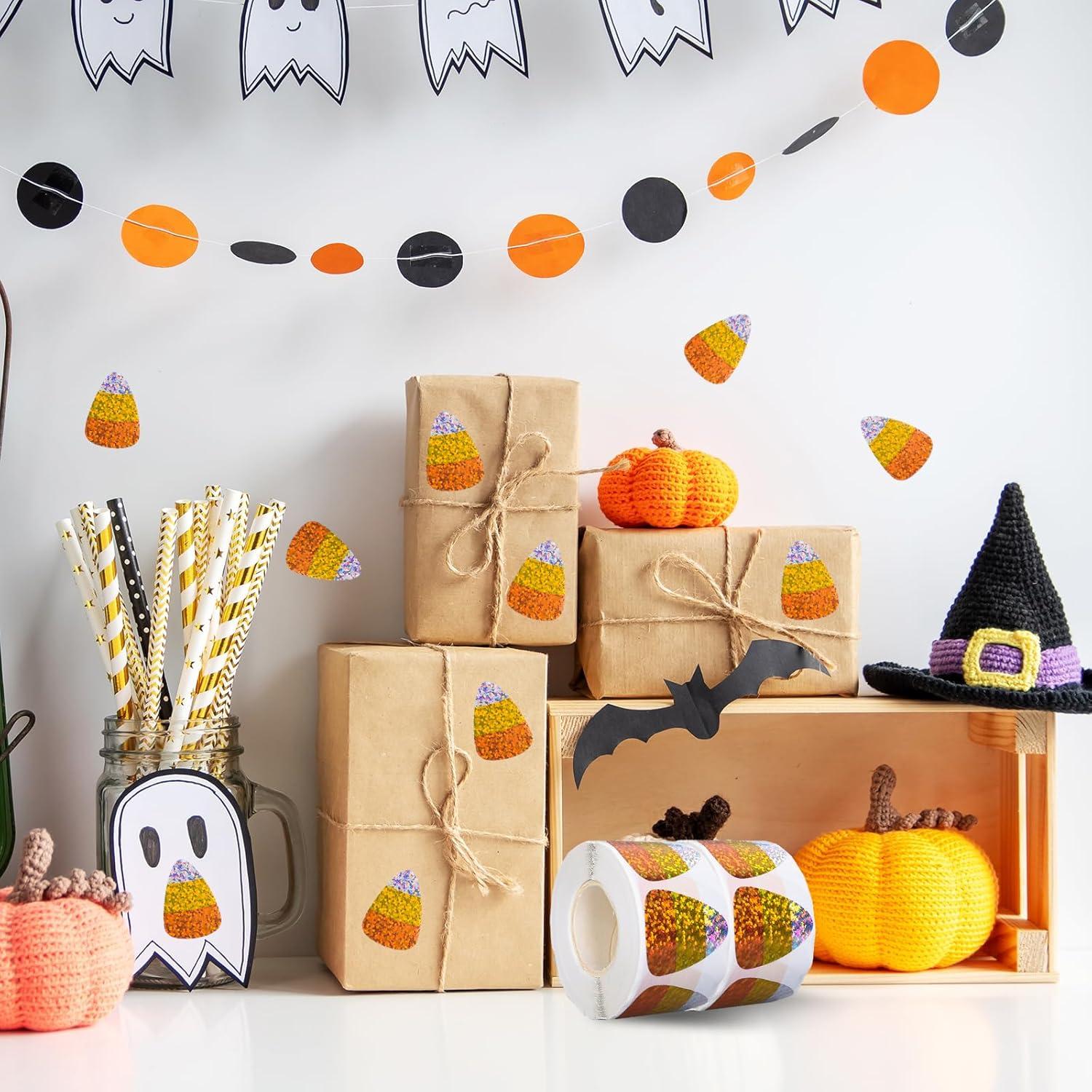 imageWhaline Halloween Pumpkin Stickers Roll Laser Pumpkin Shape Waterproof Decals Orange Sparkly SelfAdhesive Stickers for Halloween Trick or Treat Party Envelope Scrapbook Decor 500PcsHalloween Candy Corn