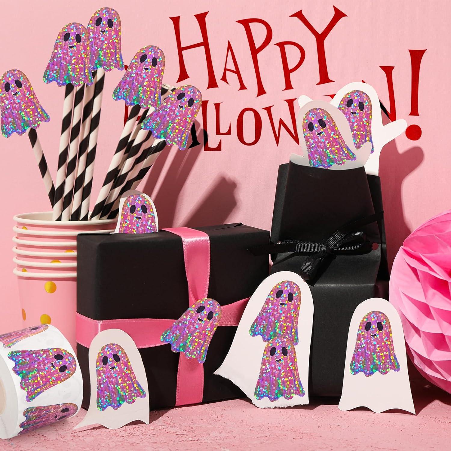 imageWhaline Halloween Pumpkin Stickers Roll Laser Pumpkin Shape Waterproof Decals Orange Sparkly SelfAdhesive Stickers for Halloween Trick or Treat Party Envelope Scrapbook Decor 500PcsPink Ghost