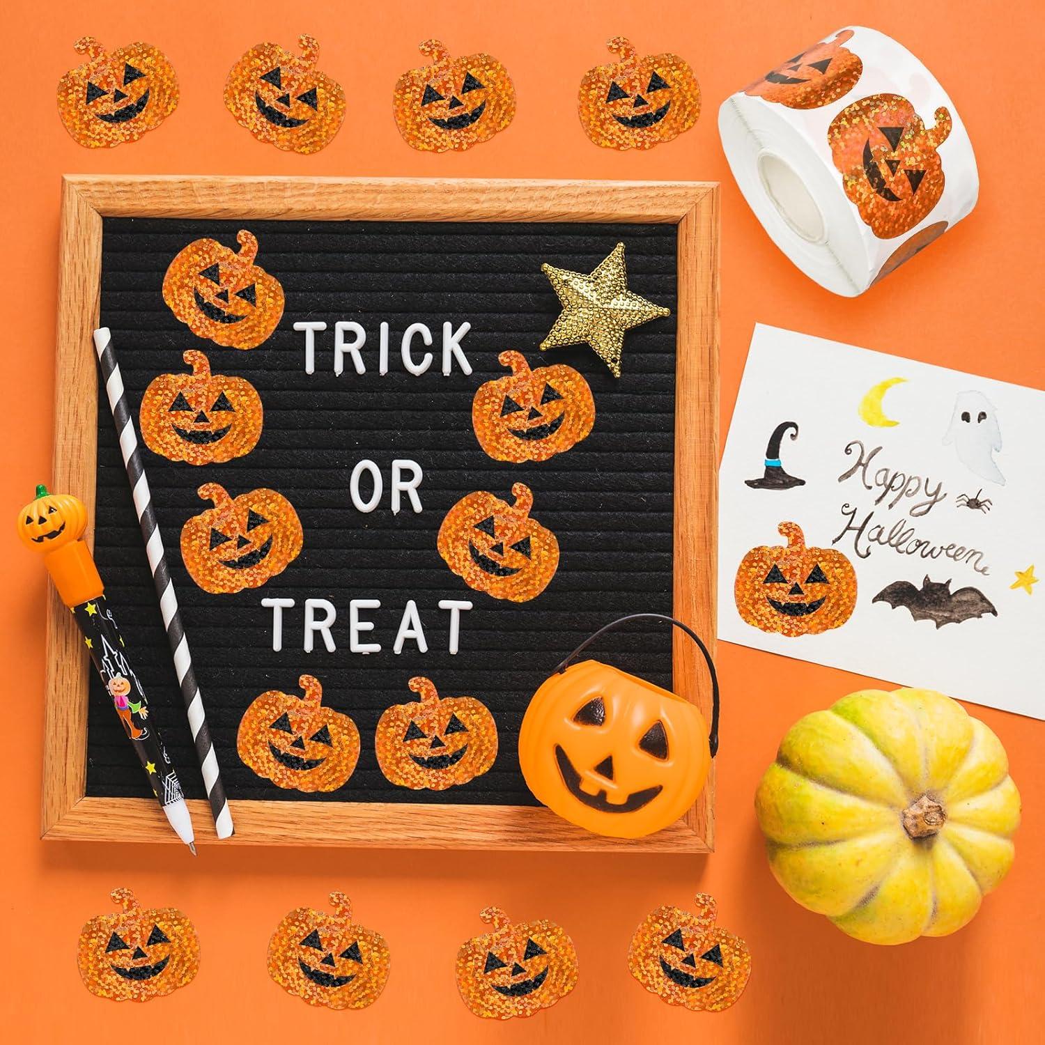 imageWhaline Halloween Pumpkin Stickers Roll Laser Pumpkin Shape Waterproof Decals Orange Sparkly SelfAdhesive Stickers for Halloween Trick or Treat Party Envelope Scrapbook Decor 500PcsHalloween Pumpkin