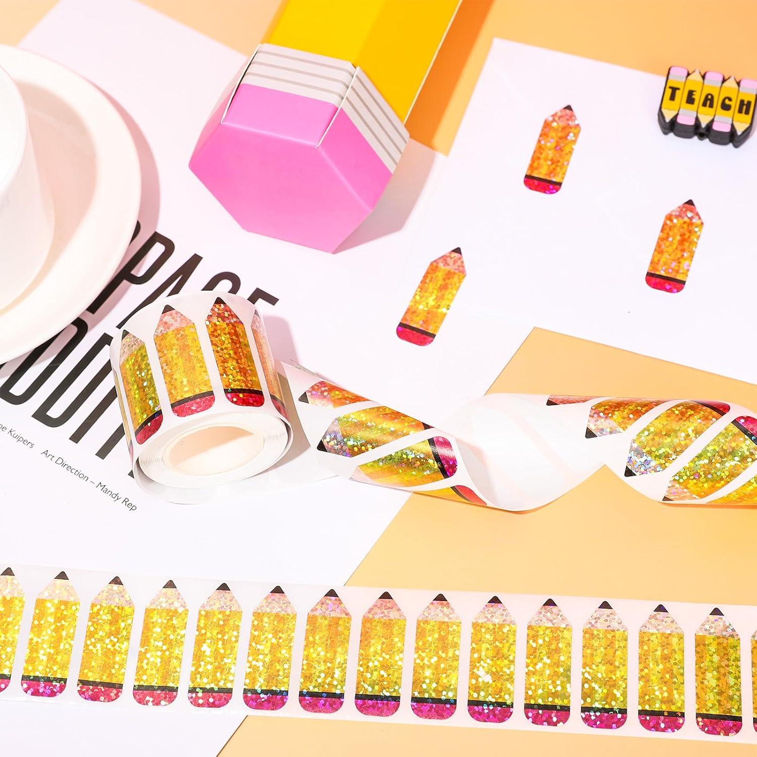 imageWhaline Halloween Pumpkin Stickers Roll Laser Pumpkin Shape Waterproof Decals Orange Sparkly SelfAdhesive Stickers for Halloween Trick or Treat Party Envelope Scrapbook Decor 500PcsPencil