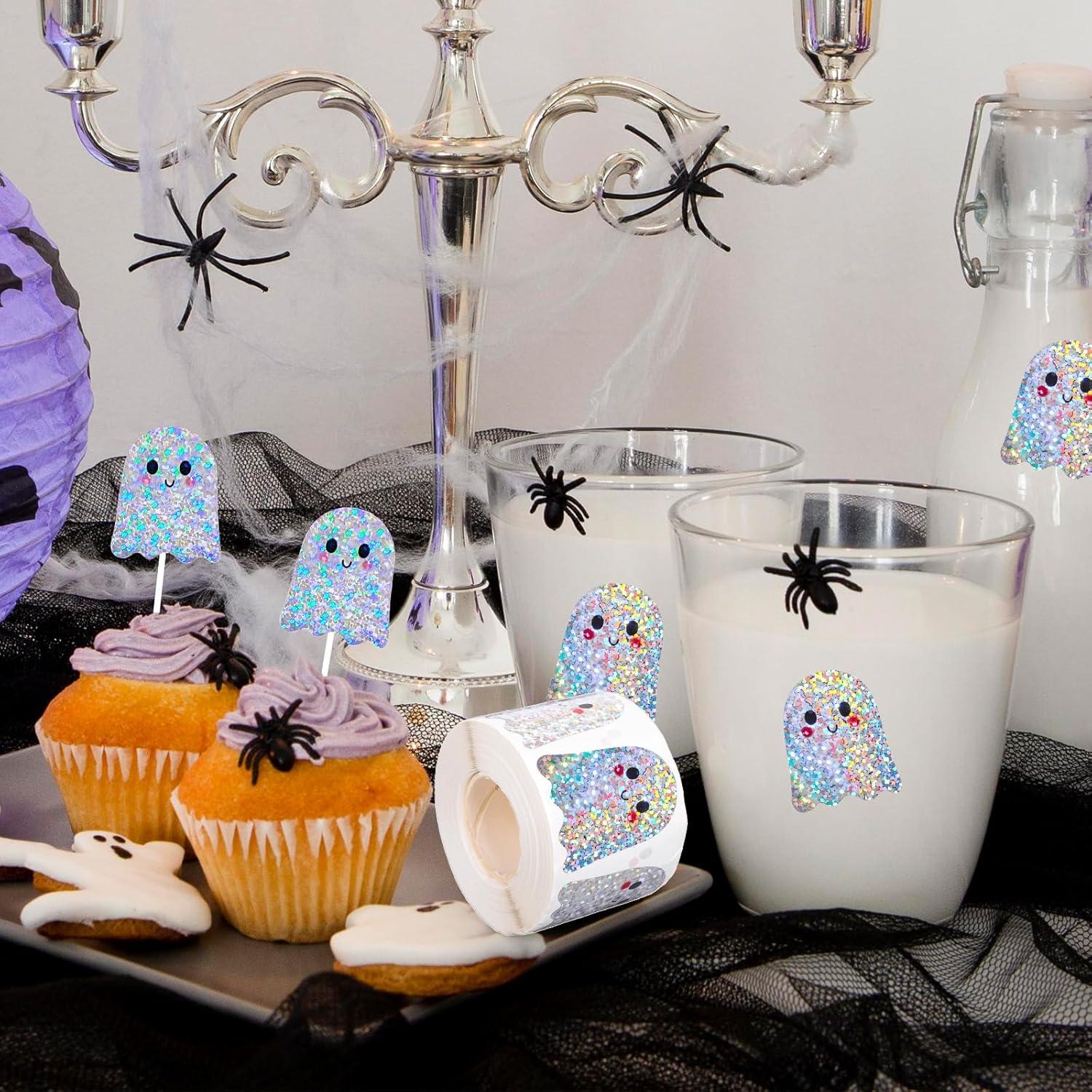 imageWhaline Halloween Pumpkin Stickers Roll Laser Pumpkin Shape Waterproof Decals Orange Sparkly SelfAdhesive Stickers for Halloween Trick or Treat Party Envelope Scrapbook Decor 500PcsGhost