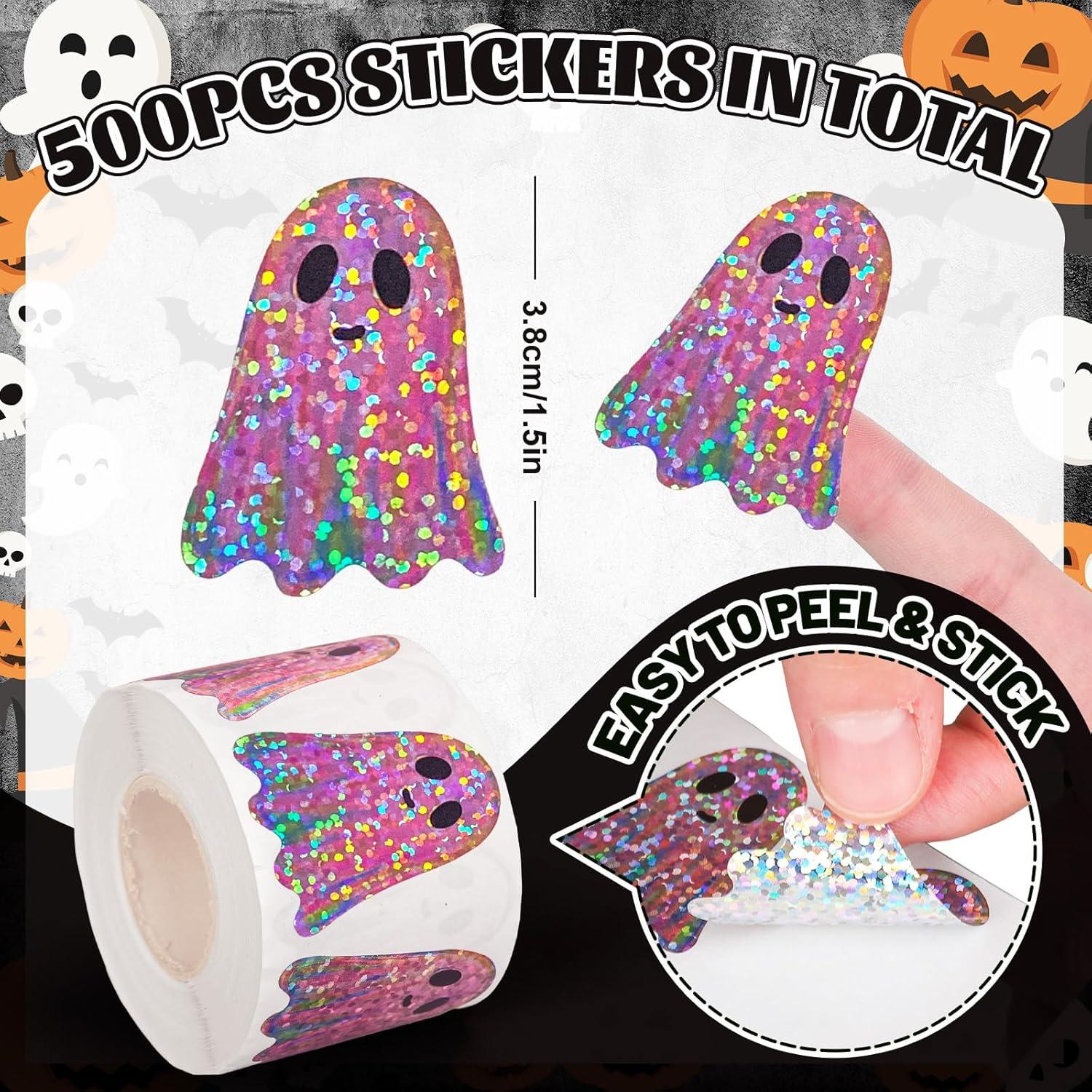 imageWhaline Halloween Pumpkin Stickers Roll Laser Pumpkin Shape Waterproof Decals Orange Sparkly SelfAdhesive Stickers for Halloween Trick or Treat Party Envelope Scrapbook Decor 500PcsPink Ghost