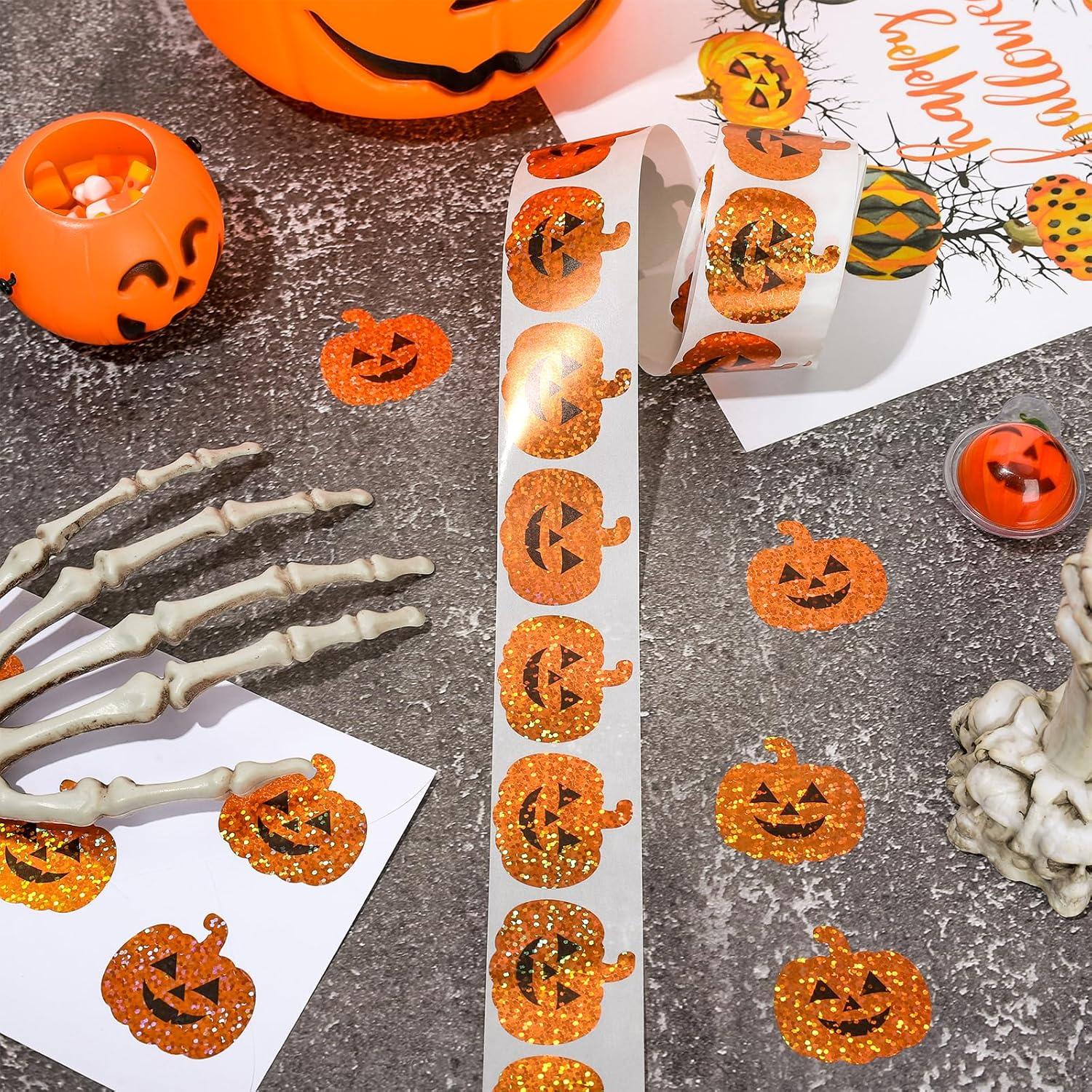 imageWhaline Halloween Pumpkin Stickers Roll Laser Pumpkin Shape Waterproof Decals Orange Sparkly SelfAdhesive Stickers for Halloween Trick or Treat Party Envelope Scrapbook Decor 500PcsHalloween Pumpkin