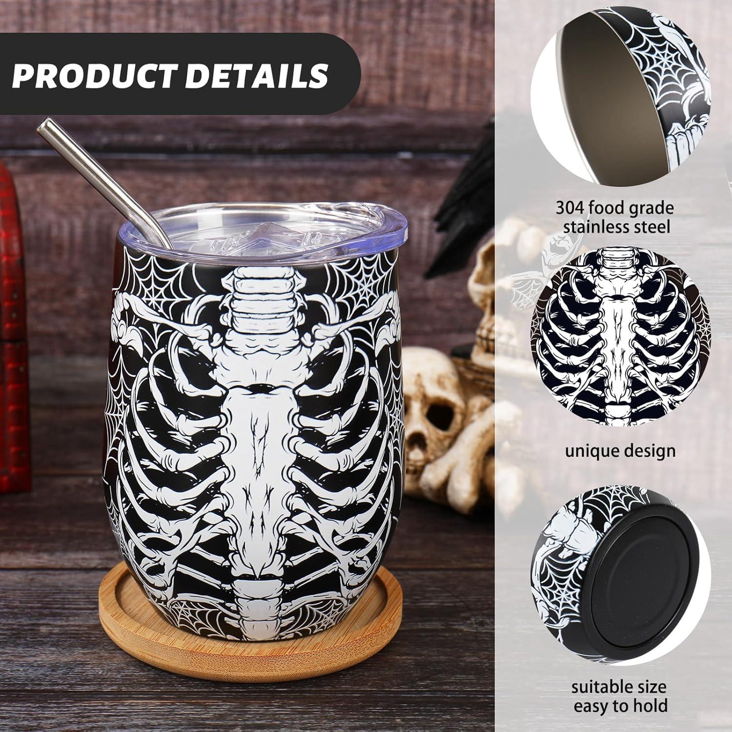 imageWhaline Halloween Stainless Steel Wine Tumbler with Straw and Lid Skull Spider Web Coffee Mug Black White Insulated Tumbler for Hot and Cold Drinks