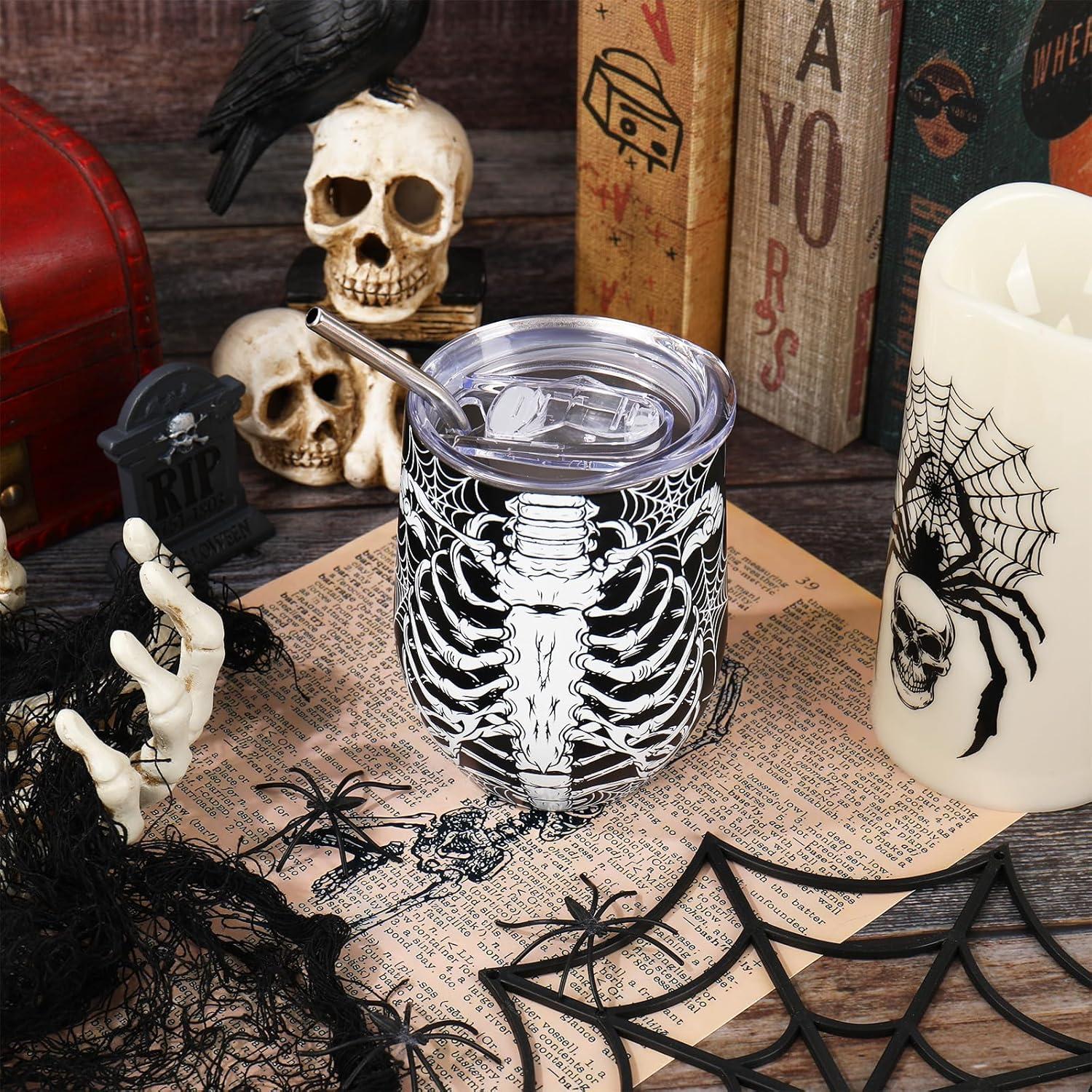imageWhaline Halloween Stainless Steel Wine Tumbler with Straw and Lid Skull Spider Web Coffee Mug Black White Insulated Tumbler for Hot and Cold Drinks