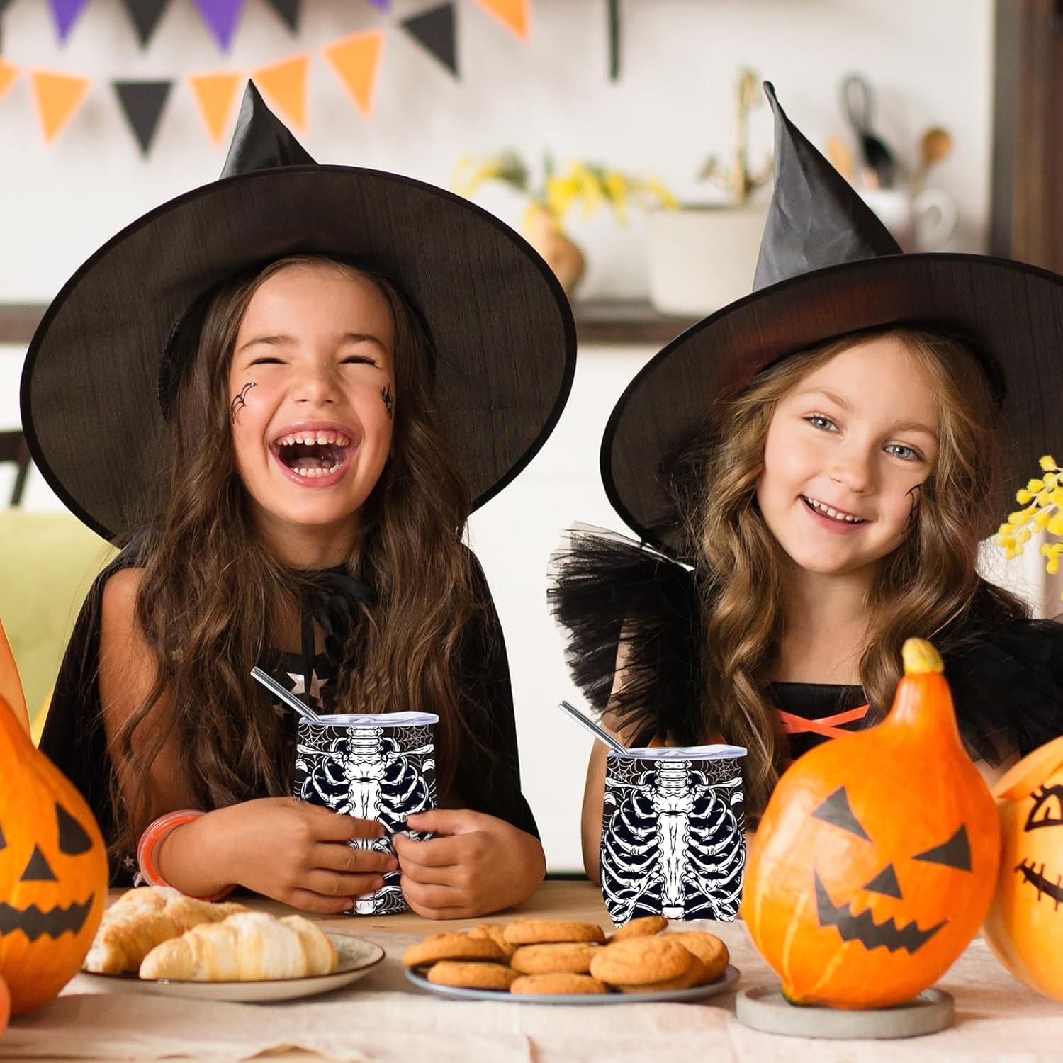 imageWhaline Halloween Stainless Steel Wine Tumbler with Straw and Lid Skull Spider Web Coffee Mug Black White Insulated Tumbler for Hot and Cold Drinks