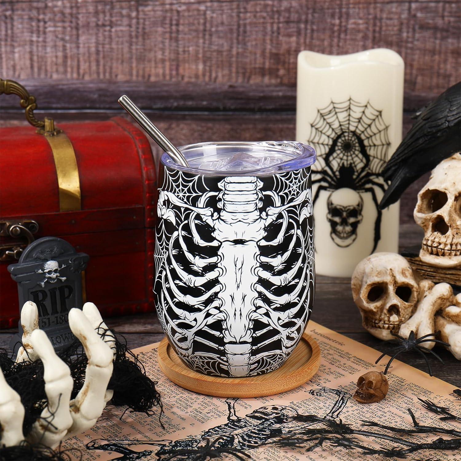 imageWhaline Halloween Stainless Steel Wine Tumbler with Straw and Lid Skull Spider Web Coffee Mug Black White Insulated Tumbler for Hot and Cold Drinks