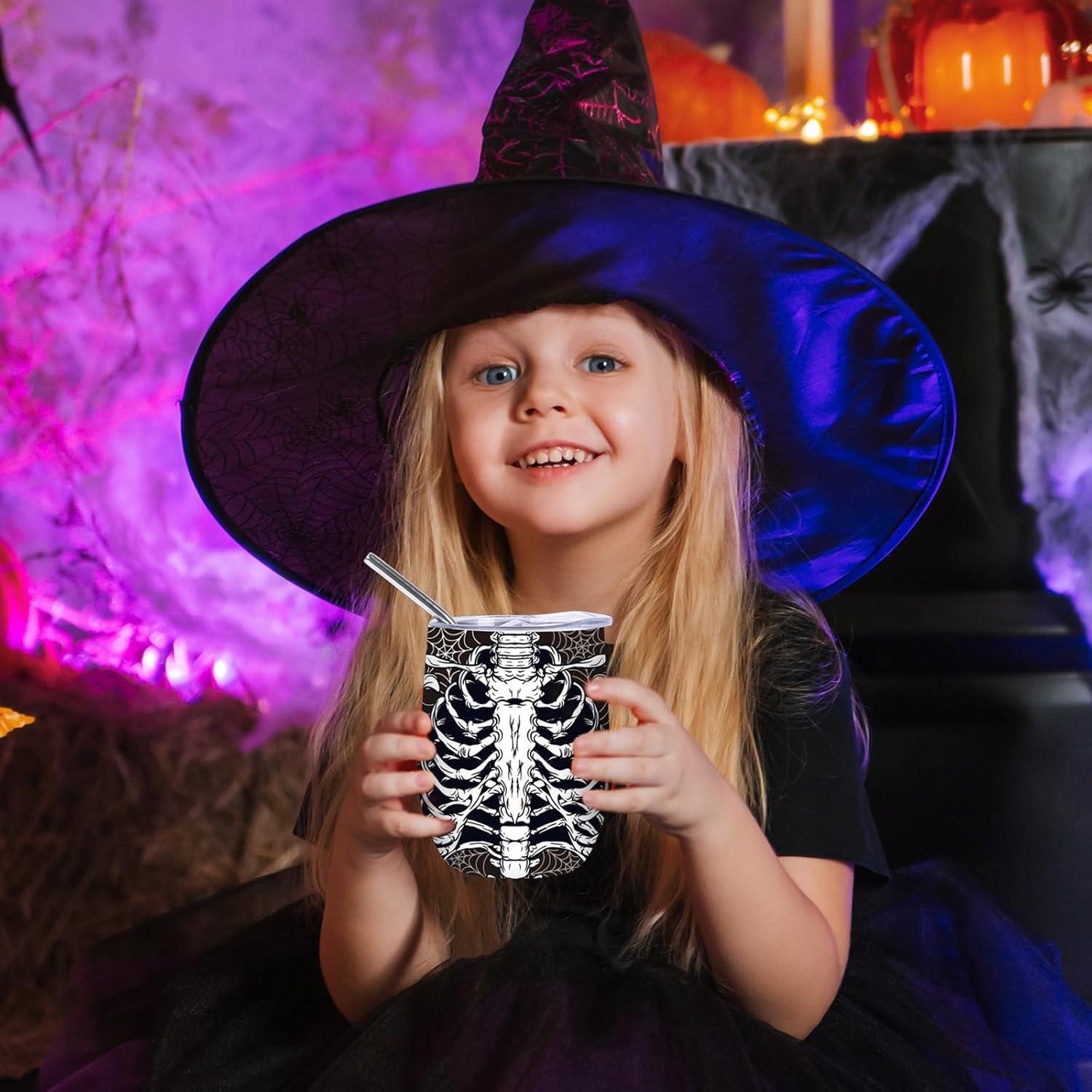 imageWhaline Halloween Stainless Steel Wine Tumbler with Straw and Lid Skull Spider Web Coffee Mug Black White Insulated Tumbler for Hot and Cold Drinks