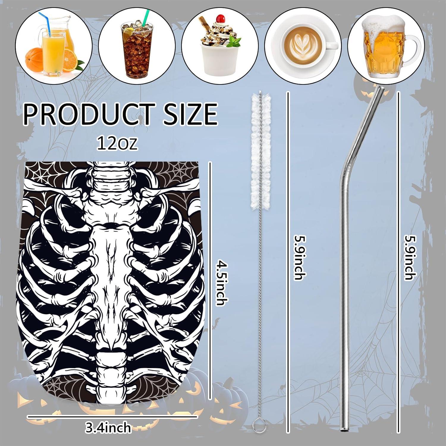 imageWhaline Halloween Stainless Steel Wine Tumbler with Straw and Lid Skull Spider Web Coffee Mug Black White Insulated Tumbler for Hot and Cold Drinks