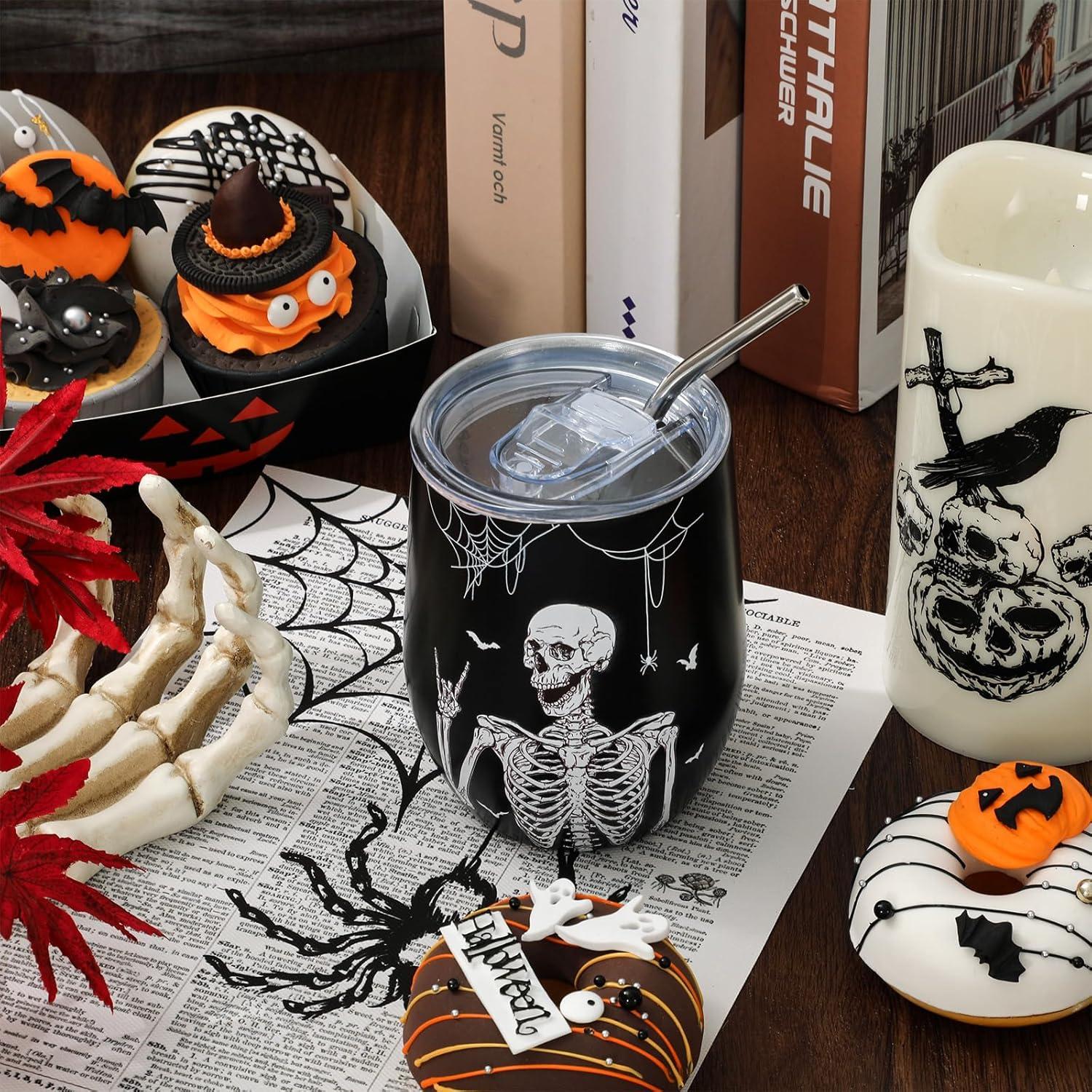 imageWhaline Stainless Steel Wine Tumbler with Straw and Lid Black White Skull Bat Coffee Mug Skeleton Insulated Wine Tumbler for Halloween Hot and Cold Drinks Gift
