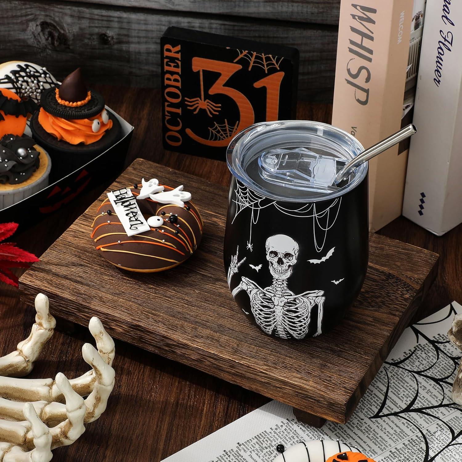 imageWhaline Stainless Steel Wine Tumbler with Straw and Lid Black White Skull Bat Coffee Mug Skeleton Insulated Wine Tumbler for Halloween Hot and Cold Drinks Gift