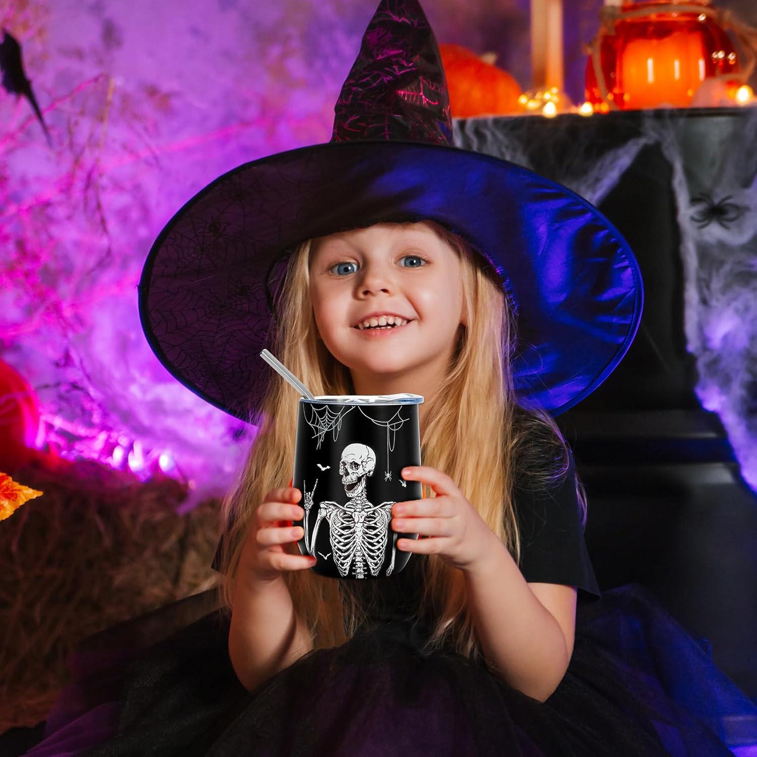 imageWhaline Stainless Steel Wine Tumbler with Straw and Lid Black White Skull Bat Coffee Mug Skeleton Insulated Wine Tumbler for Halloween Hot and Cold Drinks Gift