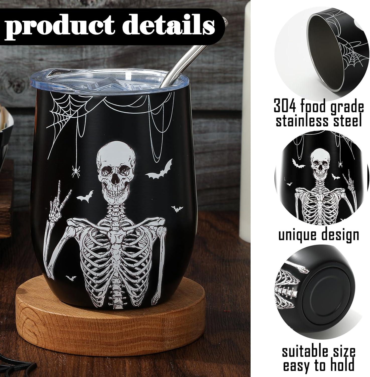 imageWhaline Stainless Steel Wine Tumbler with Straw and Lid Black White Skull Bat Coffee Mug Skeleton Insulated Wine Tumbler for Halloween Hot and Cold Drinks Gift