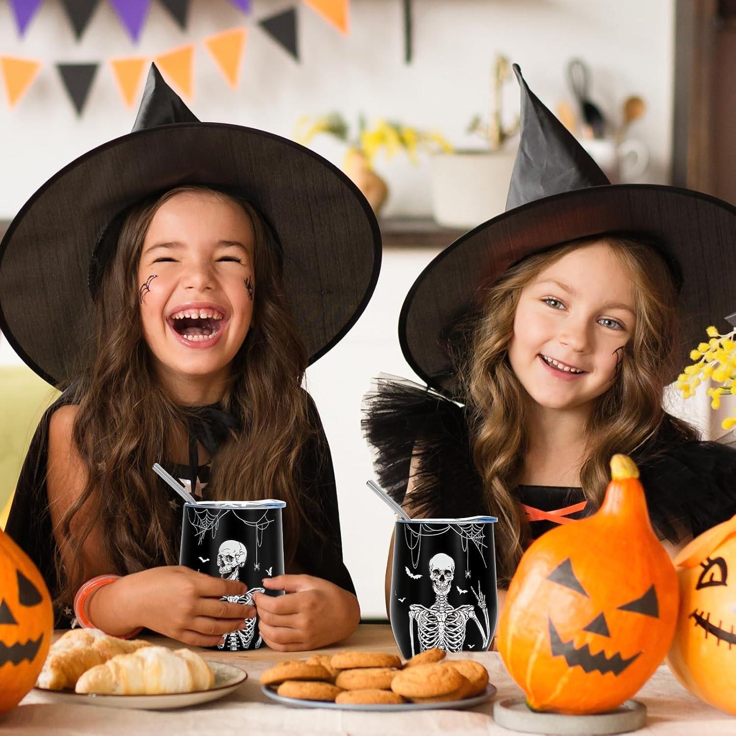 imageWhaline Stainless Steel Wine Tumbler with Straw and Lid Black White Skull Bat Coffee Mug Skeleton Insulated Wine Tumbler for Halloween Hot and Cold Drinks Gift