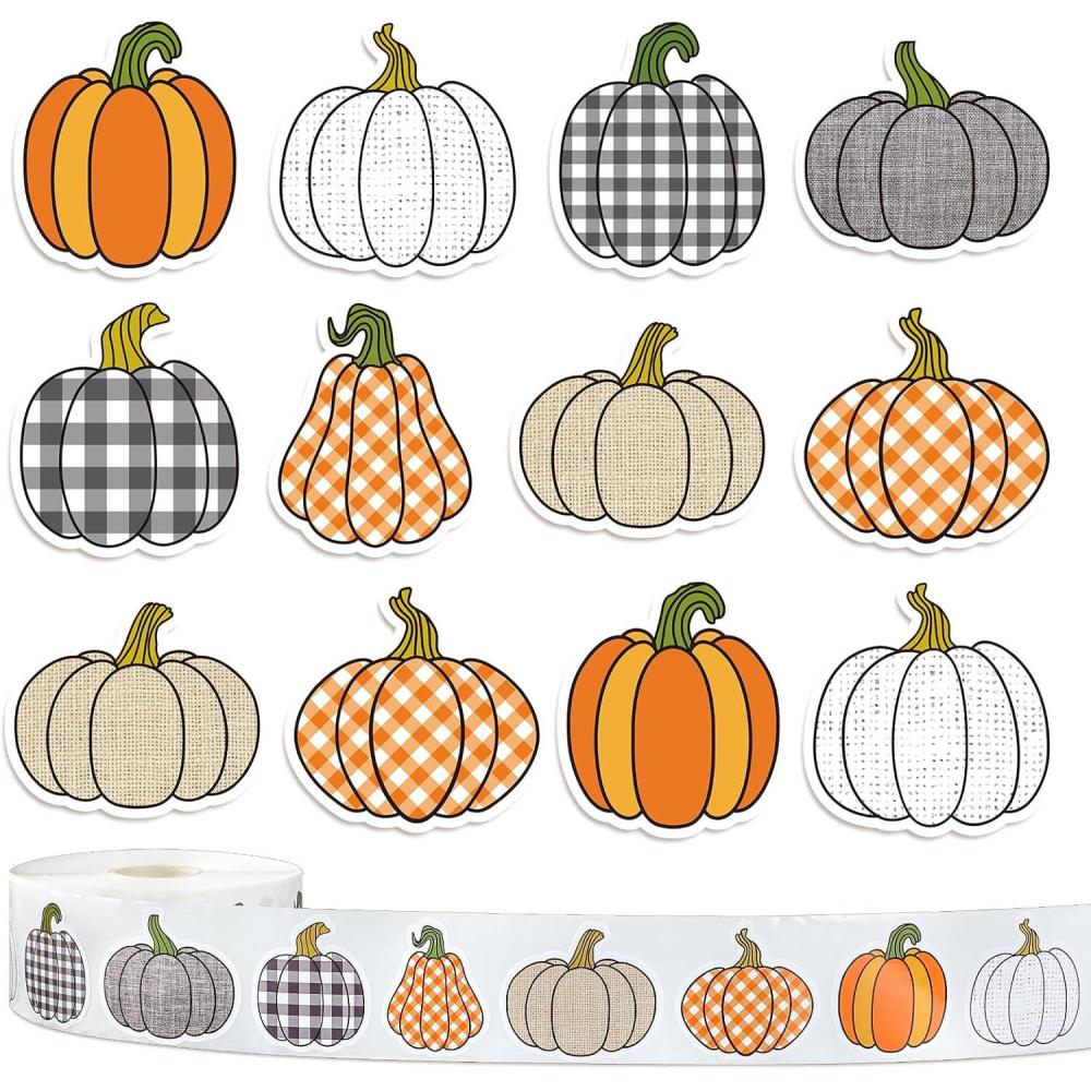 imageWhaline 1000Pcs Fall Thanksgiving Pumpkin Stickers Roll Pumpkin Shaped Decals Colorful Buffalo Plaid Pumpkin Pattern SelfAdhesive Sticker Autumn Sealing Labels for Fall Harvest Party Supply 8 DesignPumpkin 1