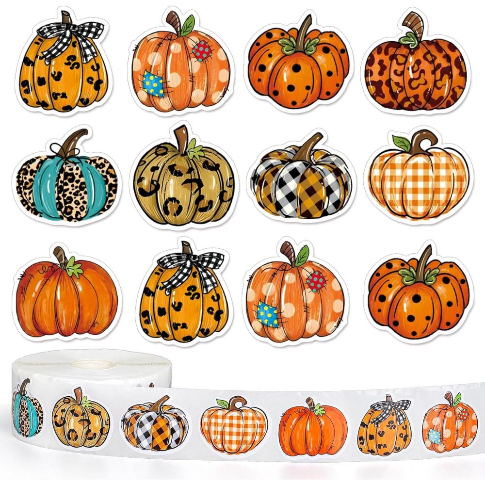 imageWhaline 1000Pcs Fall Thanksgiving Pumpkin Stickers Roll Pumpkin Shaped Decals Colorful Buffalo Plaid Pumpkin Pattern SelfAdhesive Sticker Autumn Sealing Labels for Fall Harvest Party Supply 8 DesignPumpkin 2