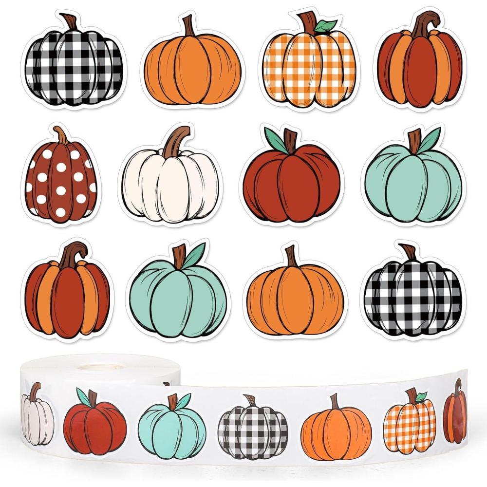 imageWhaline 1000Pcs Fall Thanksgiving Pumpkin Stickers Roll Pumpkin Shaped Decals Colorful Buffalo Plaid Pumpkin Pattern SelfAdhesive Sticker Autumn Sealing Labels for Fall Harvest Party Supply 8 DesignPumpkin 3